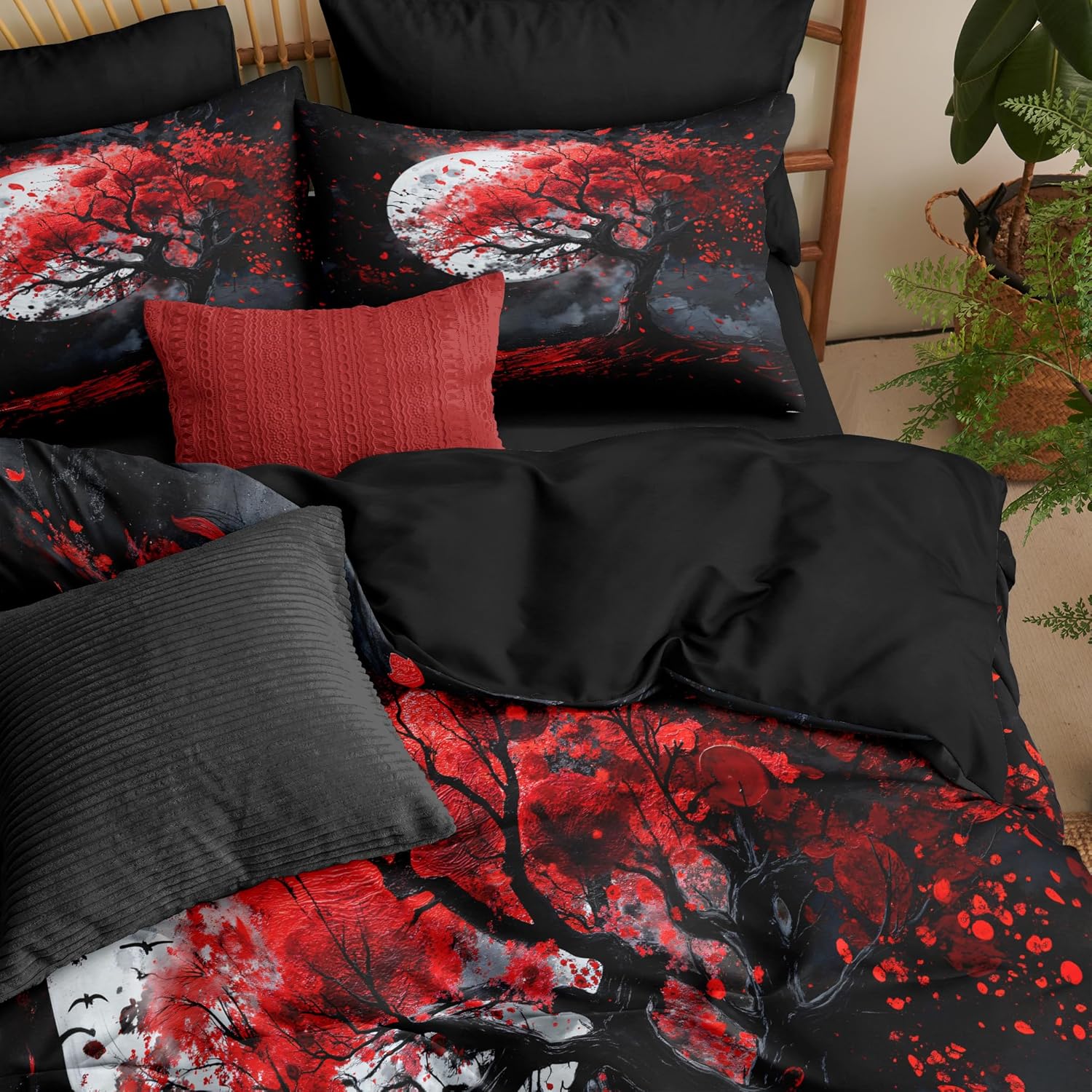 Black Red Cherry Blossom Comforter Set Queen Size Gothic Moon Bedding Set for Women Girls Oil Painting Decor Quilt Set - 3Pcs Soft Fluffy Microfiber with 2 Pillowcases(90 * 90)