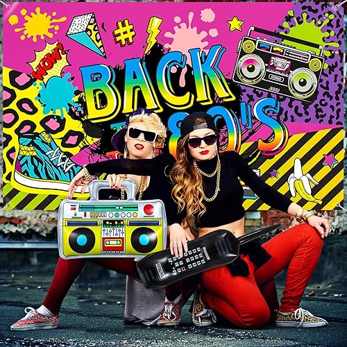 Miniatura 6 de Xuhal Decoraciones de fiesta de los años 80, pancarta de fondo de fiesta de regreso a los 80 con radio inflable Boombox y teléfono móvil, globos de