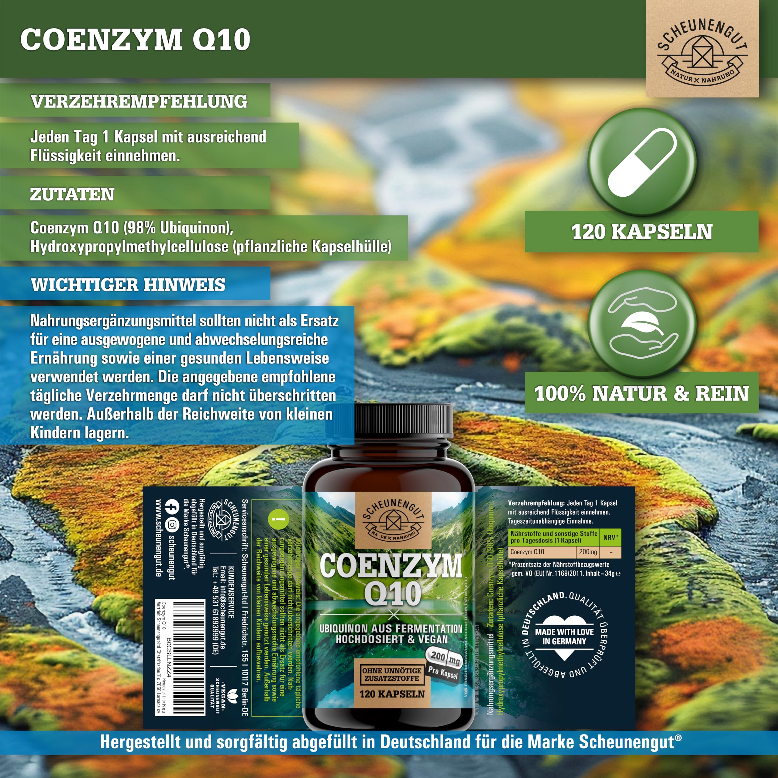 Q10 200mg je Kapsel - WICHTIG: Q10 Kapseln Hochdosiert mit bioaktivem Ubiquinon -Coenzym Q10 aus Deutschland- Laborgeprüft und Vegan 120Stk DE SCHEUNENGUT®