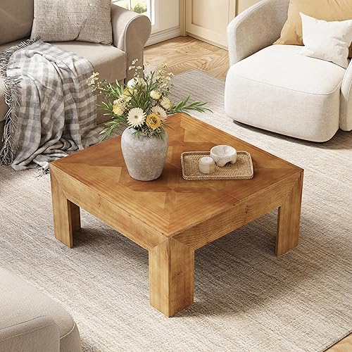 Miniatura 8 de LITTLE TREE Mesa de centro de madera maciza de 39.4 pulgadas, mesa de centro cuadrada con parte superior intrincada incrustada y patas resistentes,