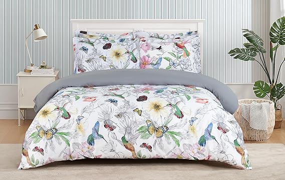 Majestic Giftware Madison Linen 8 Pcs 48" Full Size Duvet Bedding Set (BL504-48F) | Birdsong Paradise 300 TC 100% Cotton Sateen |2 Fitted Sheets, 2 Duvets, 4 Pillowcases - Ritz Collection