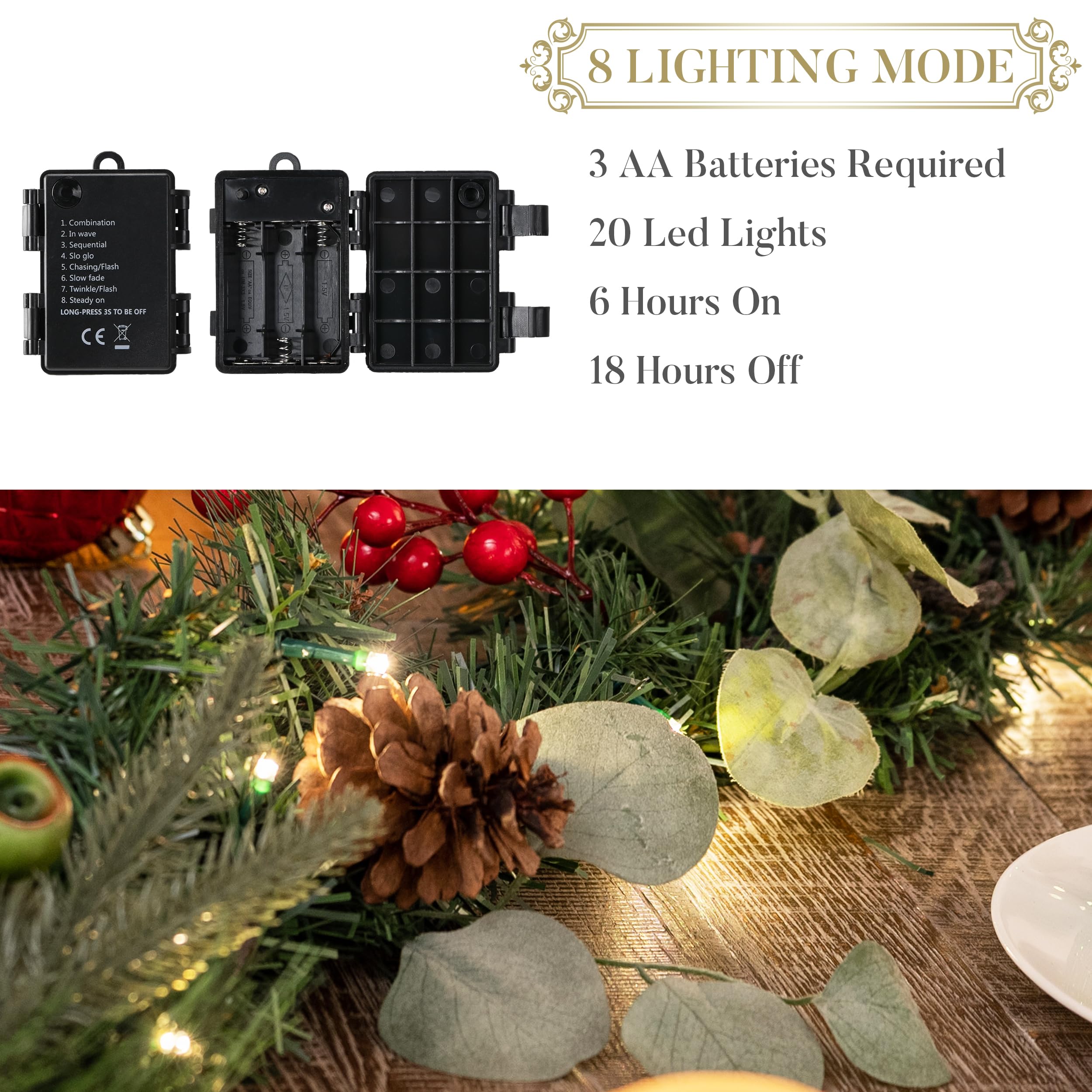 Guirlande De Noël Artificielle Avec Lumières LED - 152 Cm - Fonction Minuteur - Pour Escalier, Cheminée - 6
