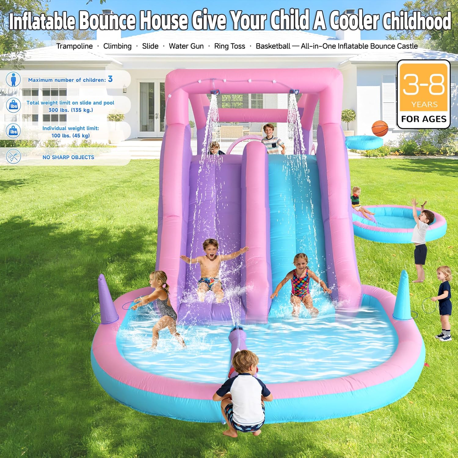 9-in-1 Inflatable Water Slide Bounce House 3 Slides Splash Pool Water Cannon Ball Pit Basketball 520W Blower 197x148x75 Inches Backyard Water Park for Kids Ages 3-8