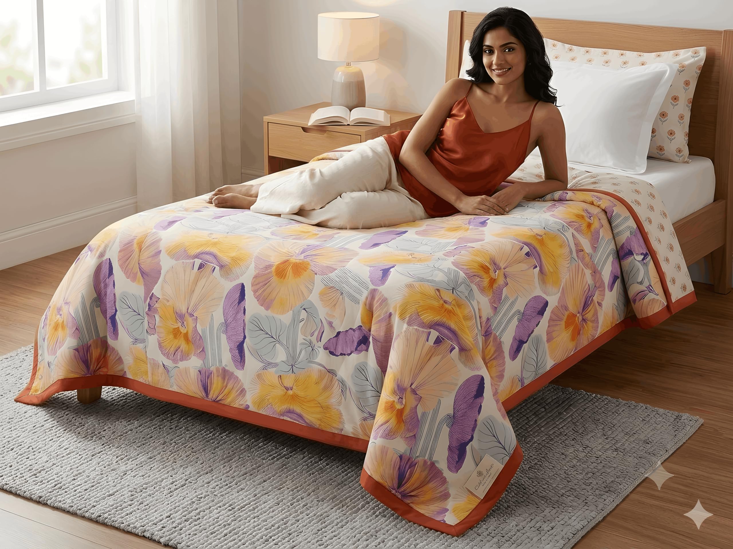 Floral Print Single Bed AC Dohar Blanket, Yellow & Purple | Botanical Design, Orange Border, Single Bed Size, Soft Bedding, Home Decor-picture-13