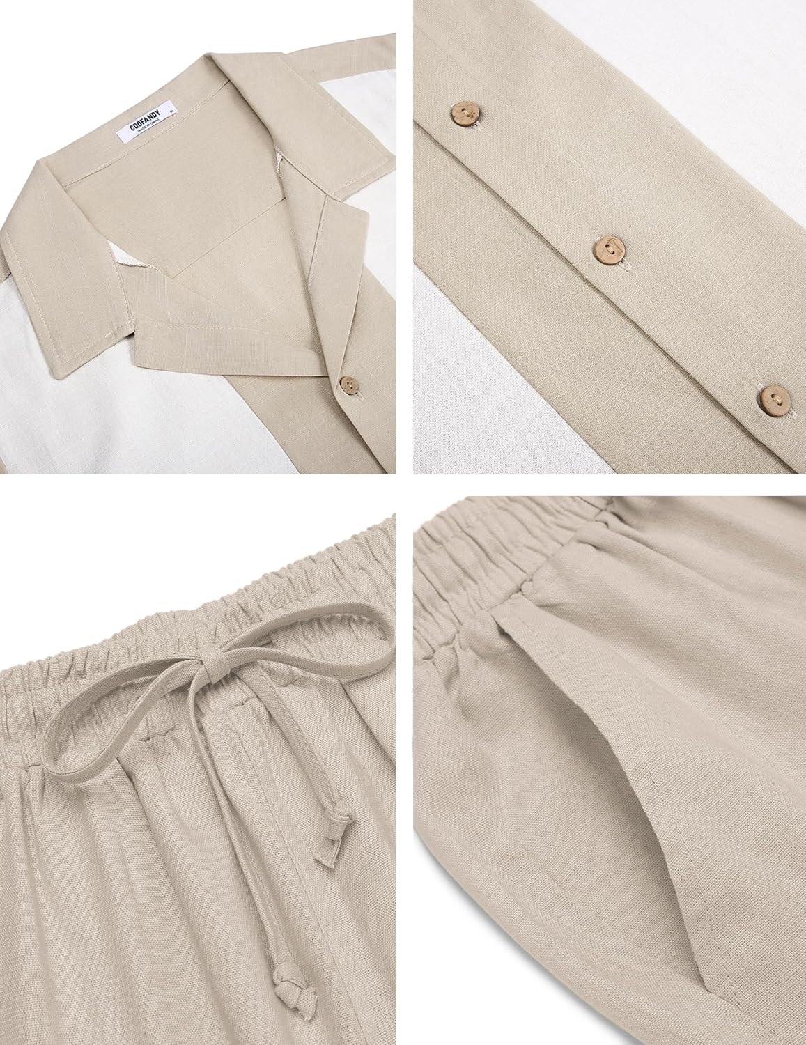 COOFANDY Men 2 Piece Linen Outfit Beach Button Down Shirt Casual Loose Pant Sets - Image 6