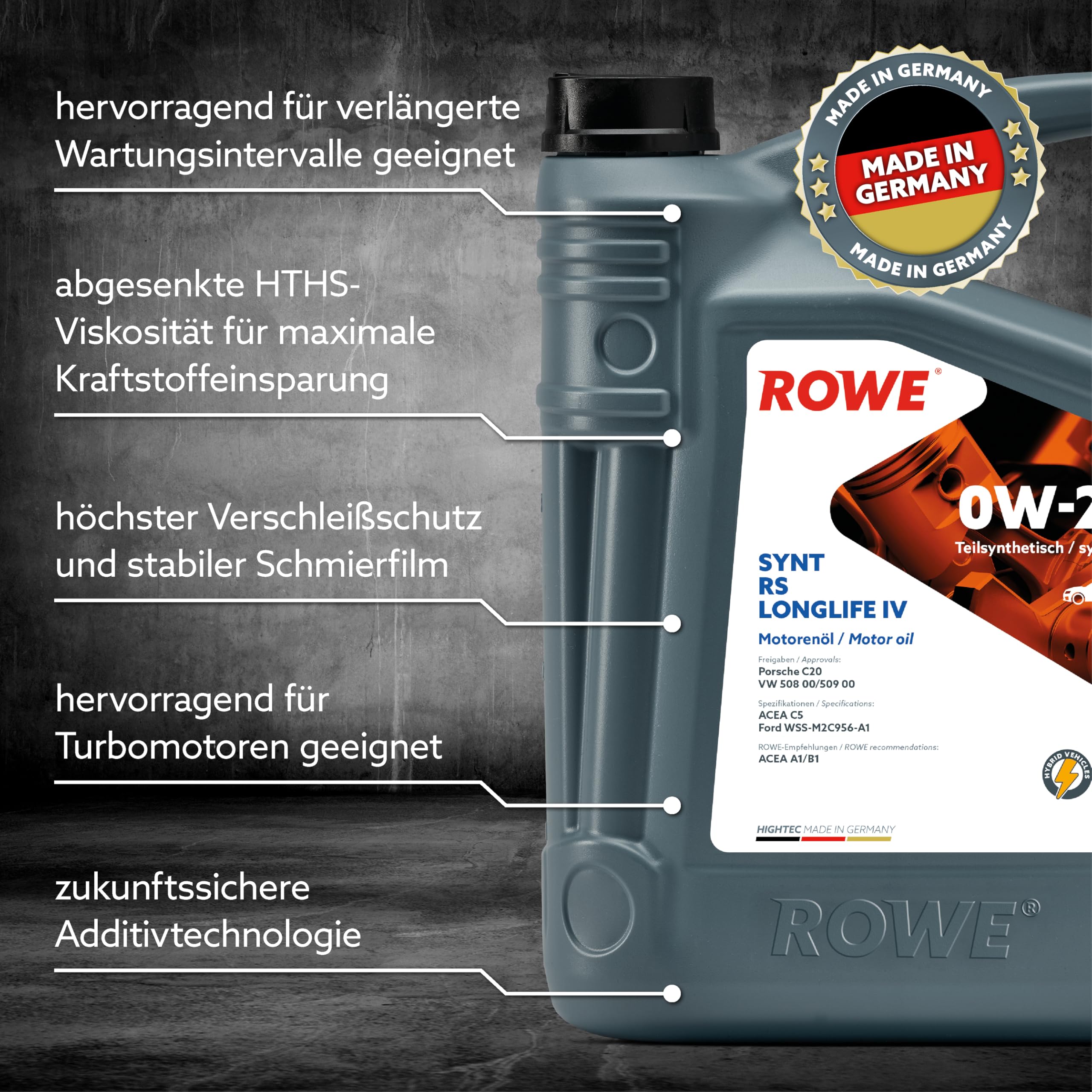 ROWE HIGHTEC SYNT RS LONGLIFE IV SAE 0W-20, 5 Liter, Hochleistungs-Motorenöl | Hochleistungs-Motoröl für PKW Otto- und Dieselmotoren, Art. Nr. 20036