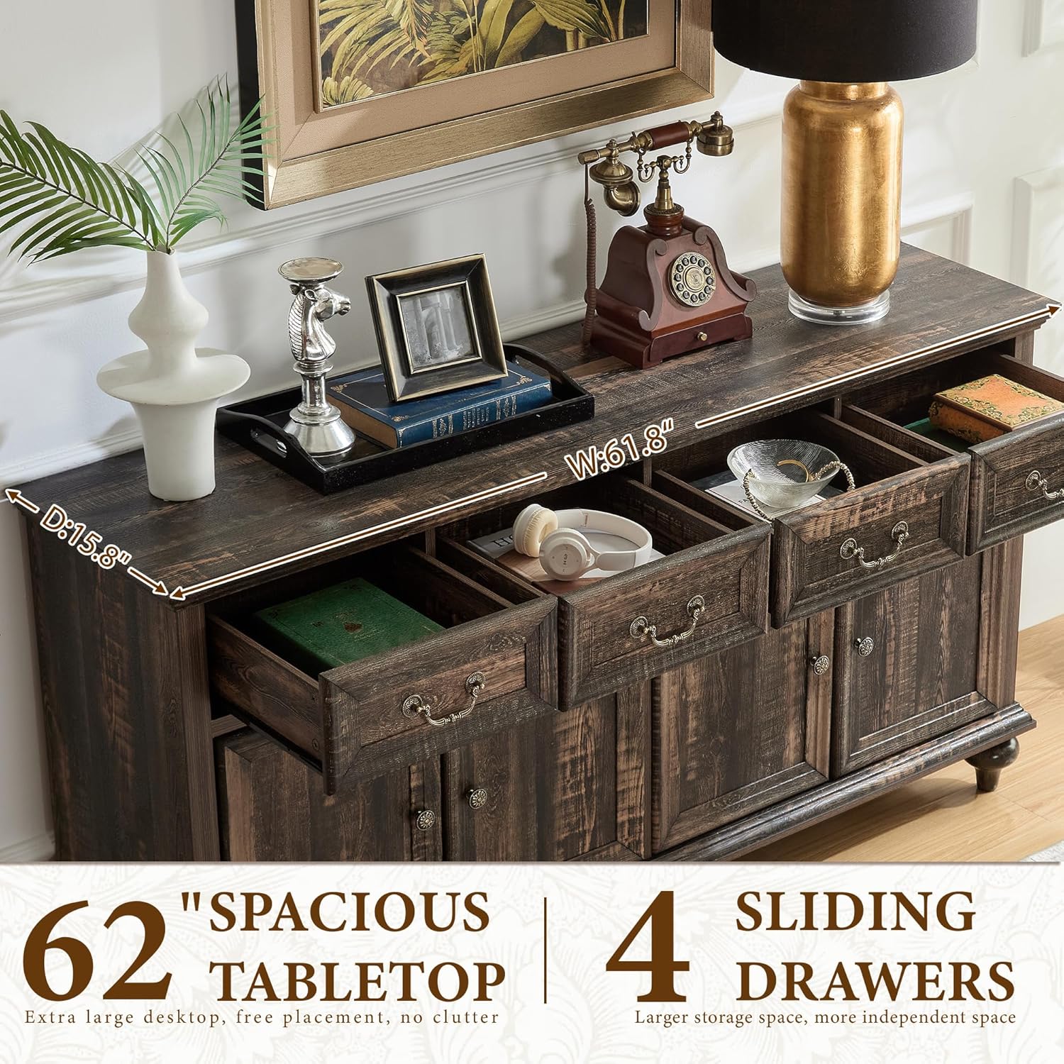 Yechen Sideboard Cabinet with drawers open, showing storage space