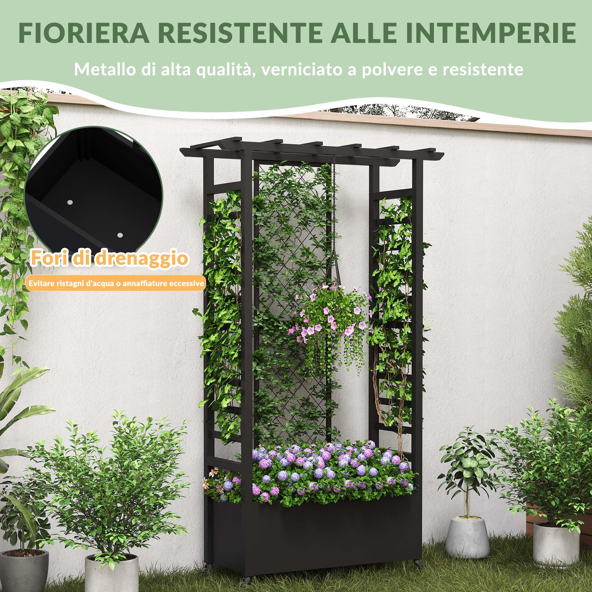 Aiuola rialzata con traliccio e tetto sospeso, fioriera in metallo indipendente con ruote, fioriera rialzata mobile per interni ed esterni per viti, piante rampicanti, fiori, per giardino, patio