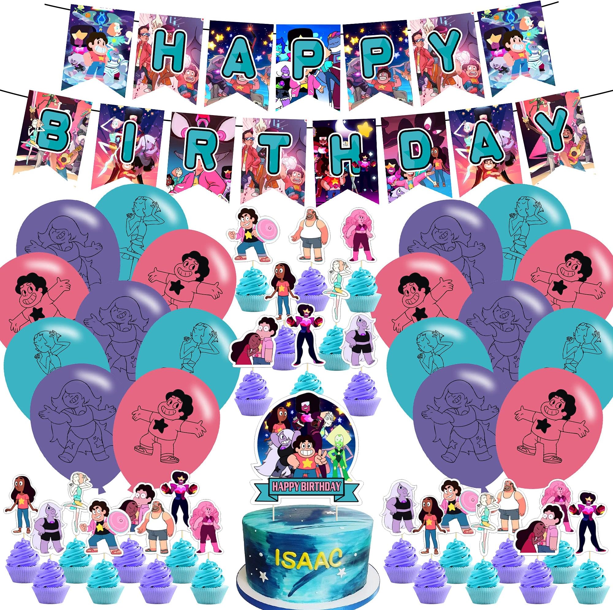 THREEMAO Steven Universe Party Supplies,Bundle of 45 Steven Universe Theme Decorations Set includes Happy Birthday Banner,Cake Cupcake Toppers,Birthday Balloons for Kids Birthday Party Favors