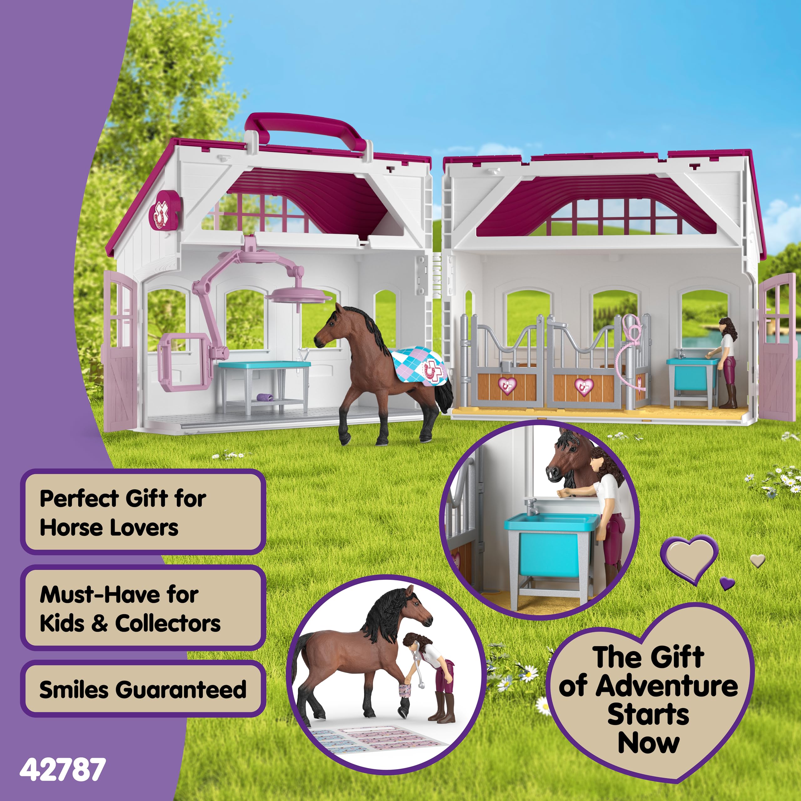 schleich HORSE CLUB | Klinika dla koni „Zdrowe kopyta” 42787 | Zestaw z boksem, rentgenem, ruchomą weterynarką i akcesoriami | Zabawka i prezent dla dzieci od 4 lat | 64 elementy