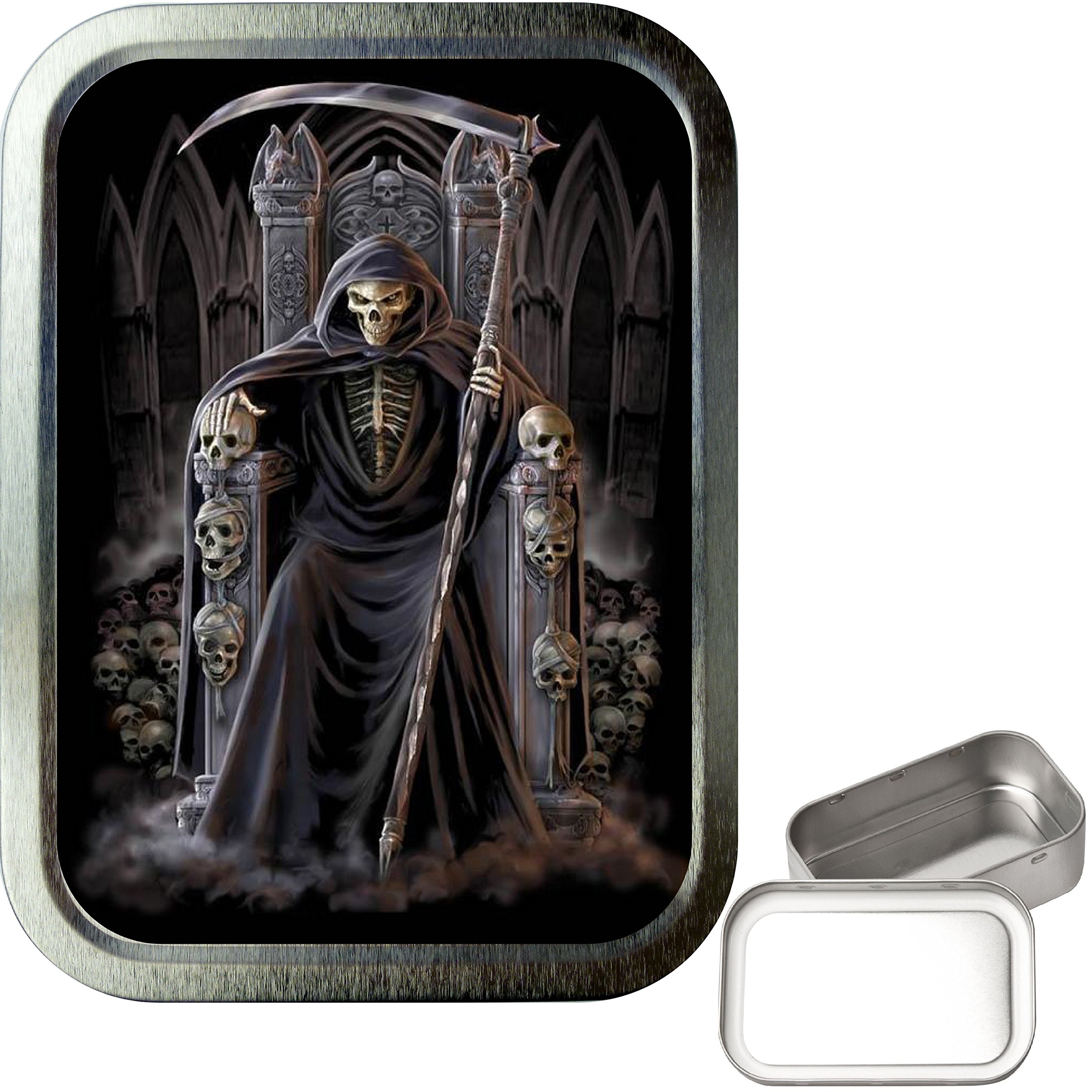TEEZ - Grim Reaper THrone 2oz Silver Tobacco tin, Baccy Tin, Smoking Tin