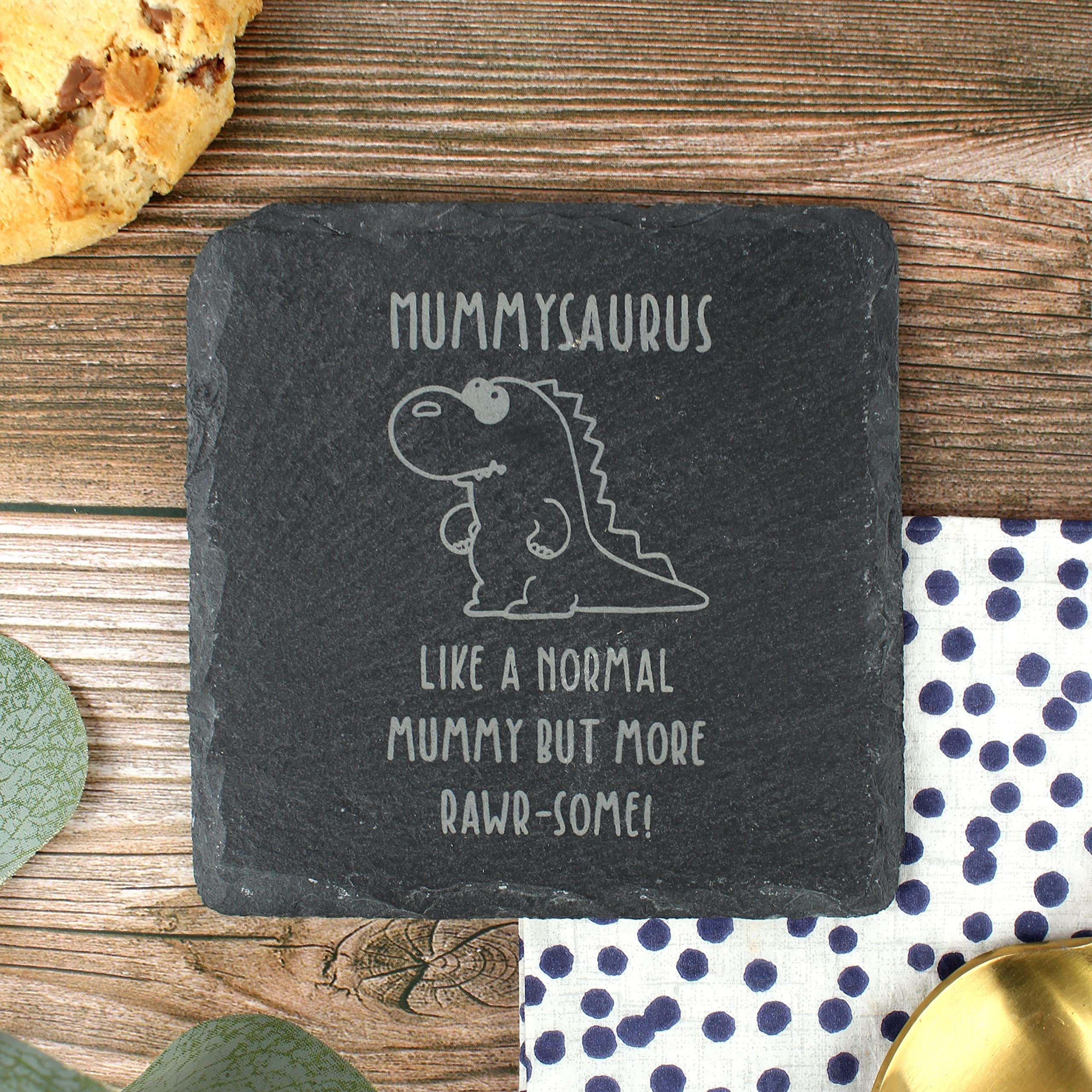 eBuyGB Square Slate Coaster, Mummysaurus, Dinosaur Coaster, Mum Birthday Gift, Present for Mummy, Engraved Drinks Coaster, Grey