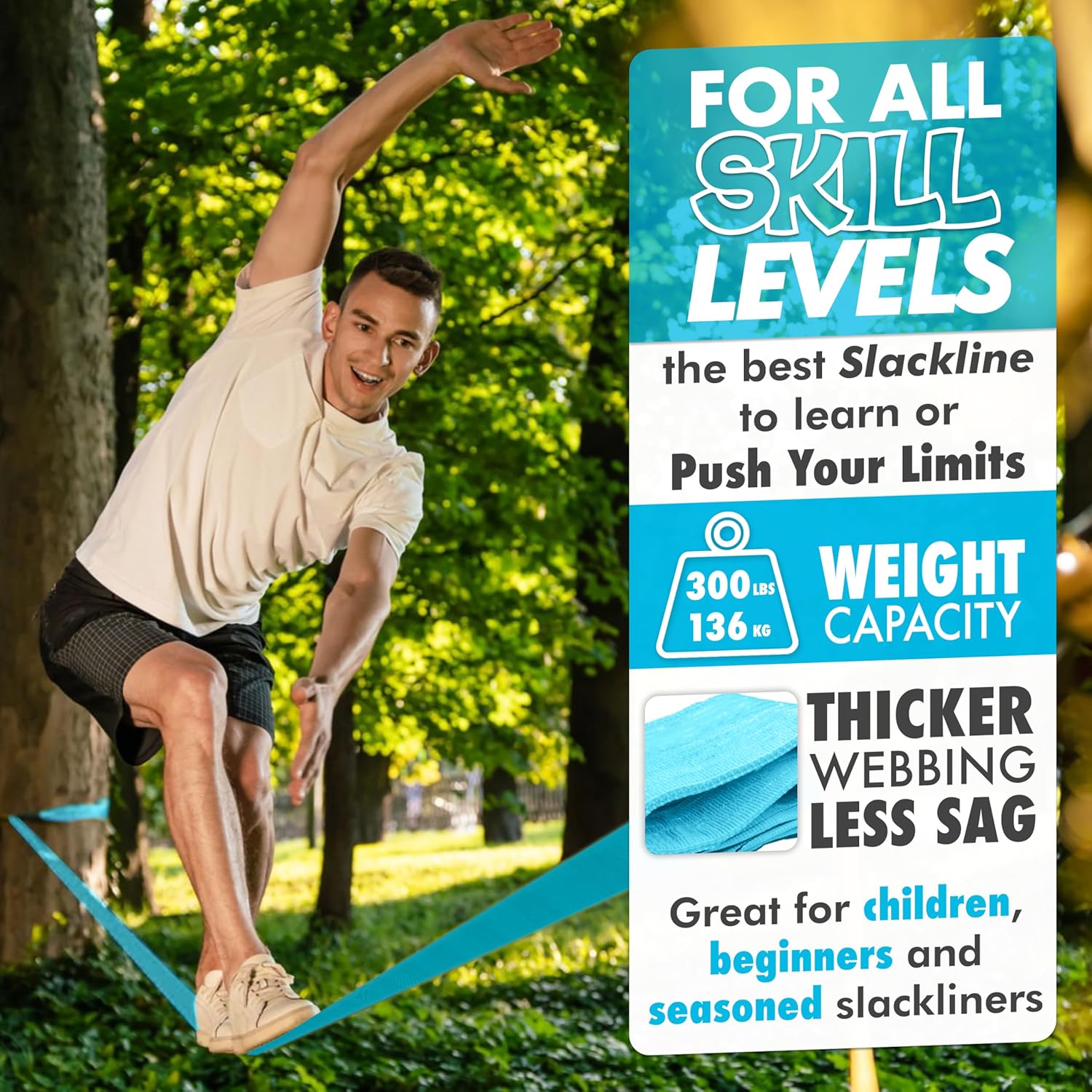 Complete Ninja Slackline Kit - 60ft Long Slack Line for Backyard for Kids & Adults with Ratchet Straps, Wider Tree Protectors - Slackline Kit for Ninja Warrior Obstacle Course for Kids Outdoor Playset