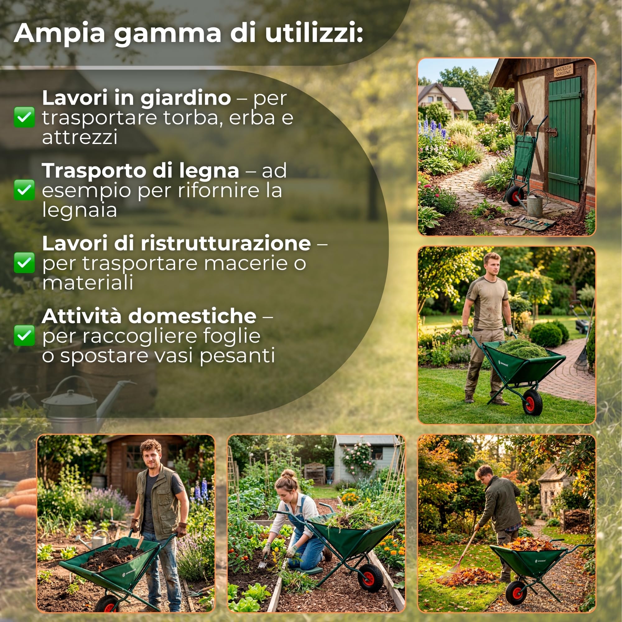 Carrello da giardino pieghevole da 50 l, con pneumatici ad aria, carrello da trasporto in tessuto Oxford, telaio in acciaio, scomparti per attrezzi, carriola pieghevole per giardinaggio, verde