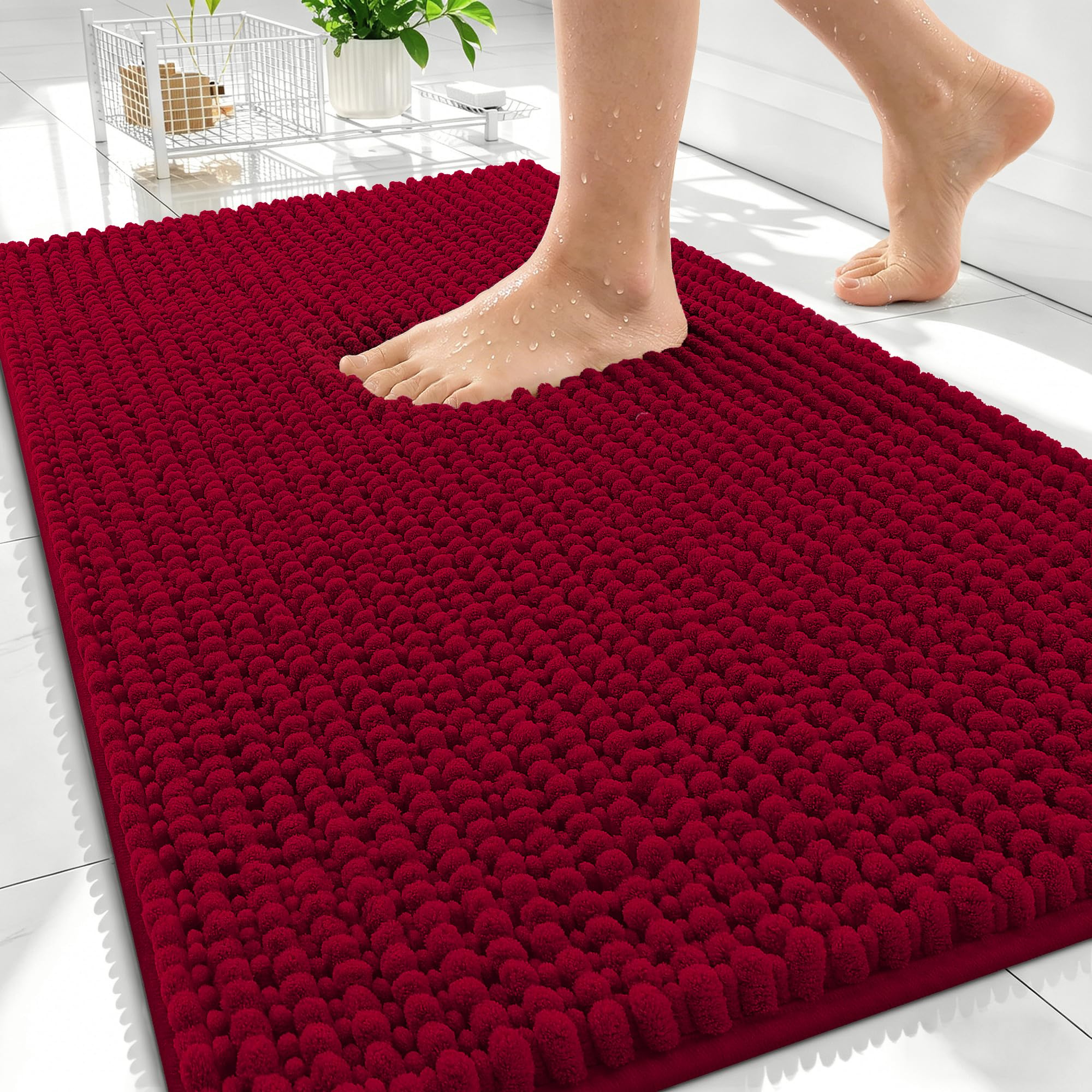 OLANLY Thick Chenille Bathroom Rugs 30x20, Soft Absorbent Bath Mat, Red