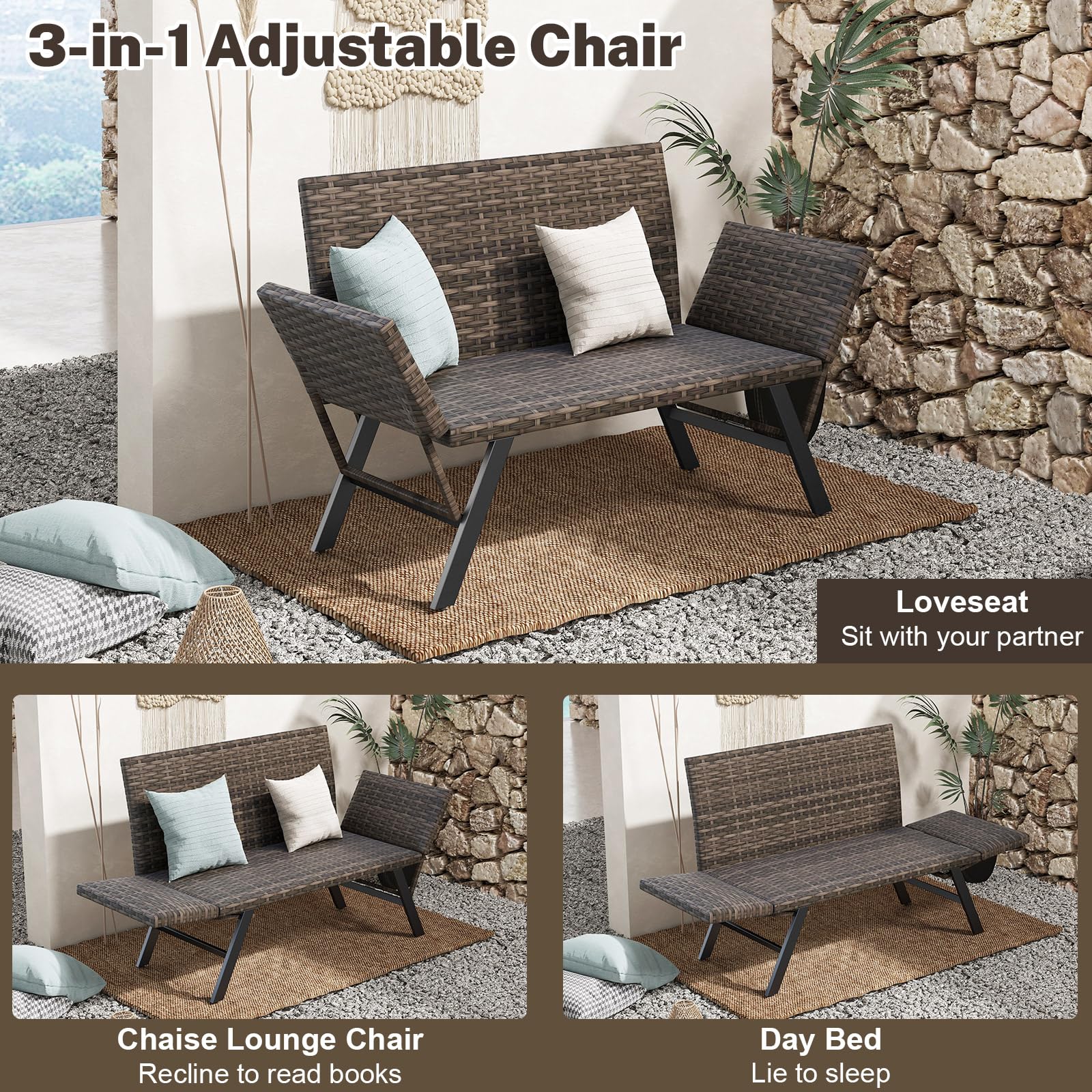 GIANTEX Divano da giardino in rattan a 2 posti, panca convertibile da esterno con braccioli regolabili, design intrecciato, lunghezza 163-178 cm, carico 300 kg, lettino da giardino per terrazza