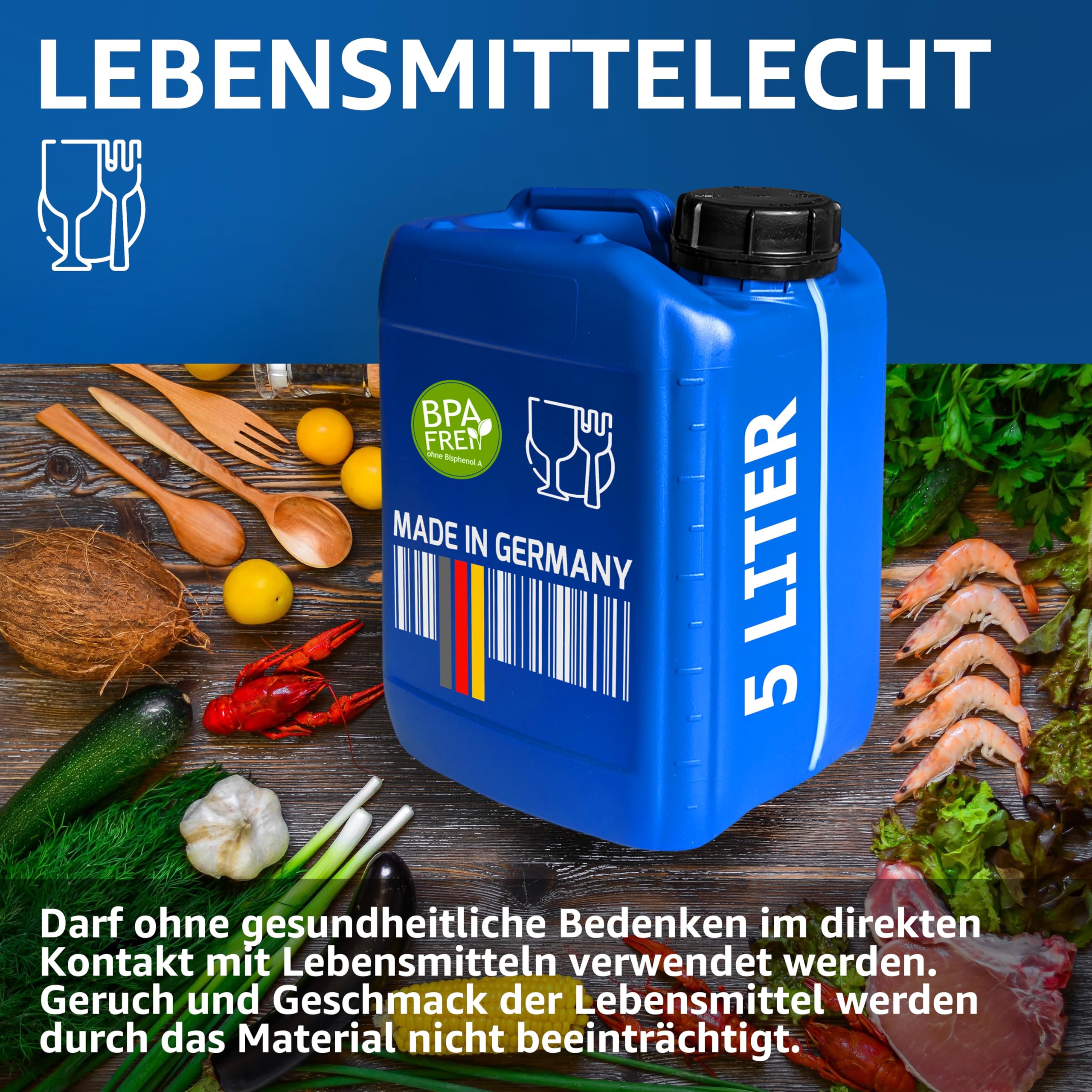 plasteo® 10 taniche da 5 litri, con chiusura di sicurezza (DIN 51), adatte per alimenti, impilabili e stabili, qualità pesante, resistenti e durevoli, per interni ed esterni, senza BPA, blu