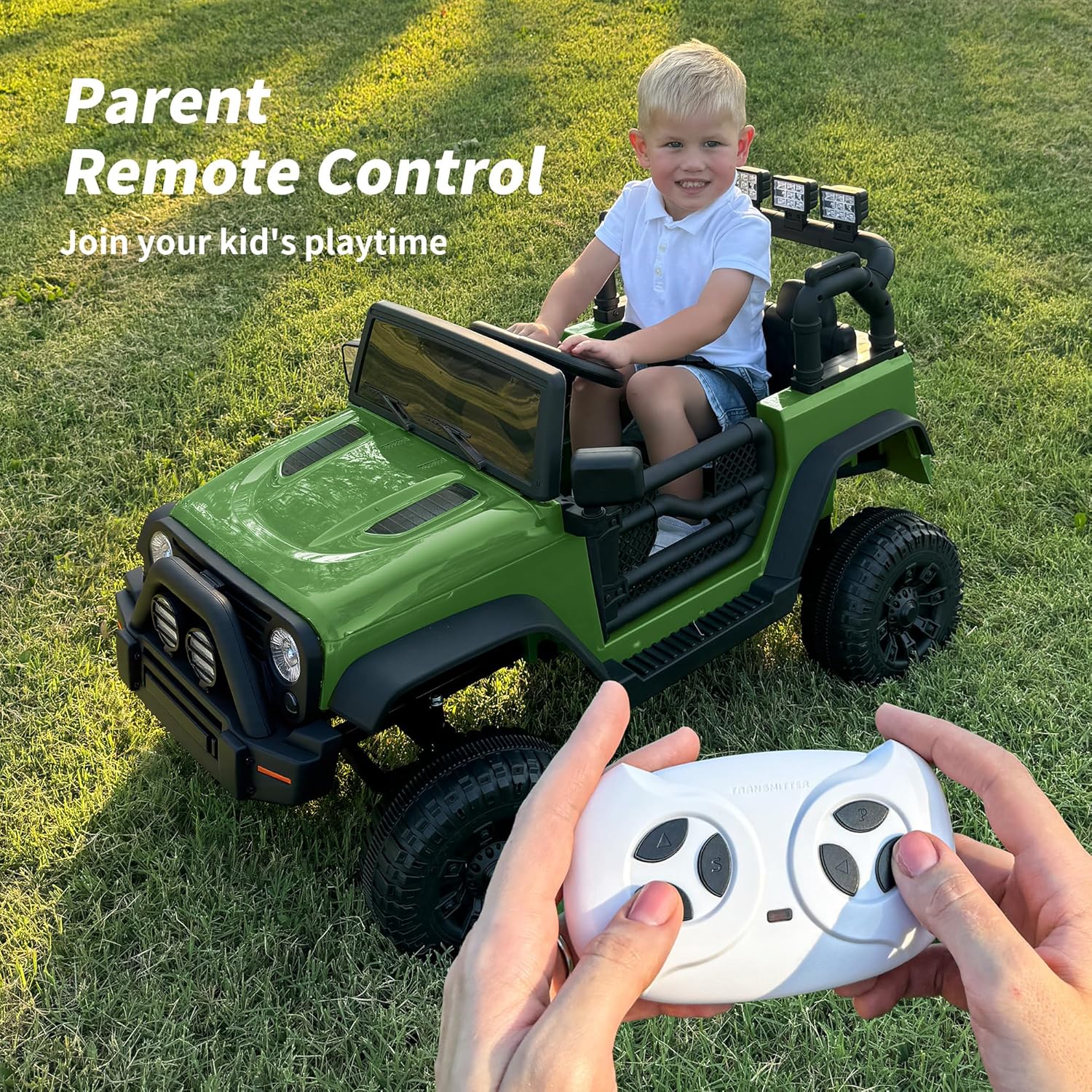 A child in the ride-on car with an adult holding the remote control, demonstrating parental control feature