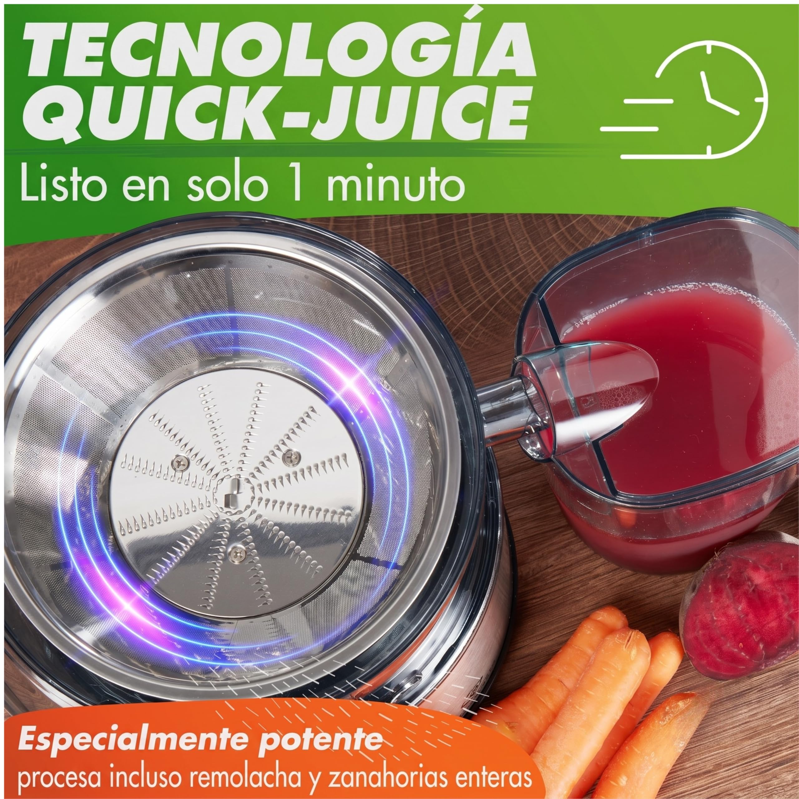 Nutrilovers Extractor de Zumo QUICK-JUICER MAX, Centrífugo 800 W, Boca XXL, Tamiz de Acero Inoxidable, Depósito de Pulpa Externo, Sin BPA, Botella