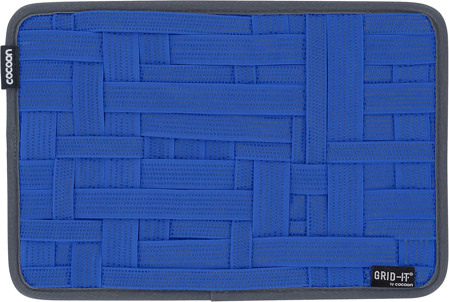 Empty Cocoon Grid-It Organizer in blue, showing the woven elastic band system.
