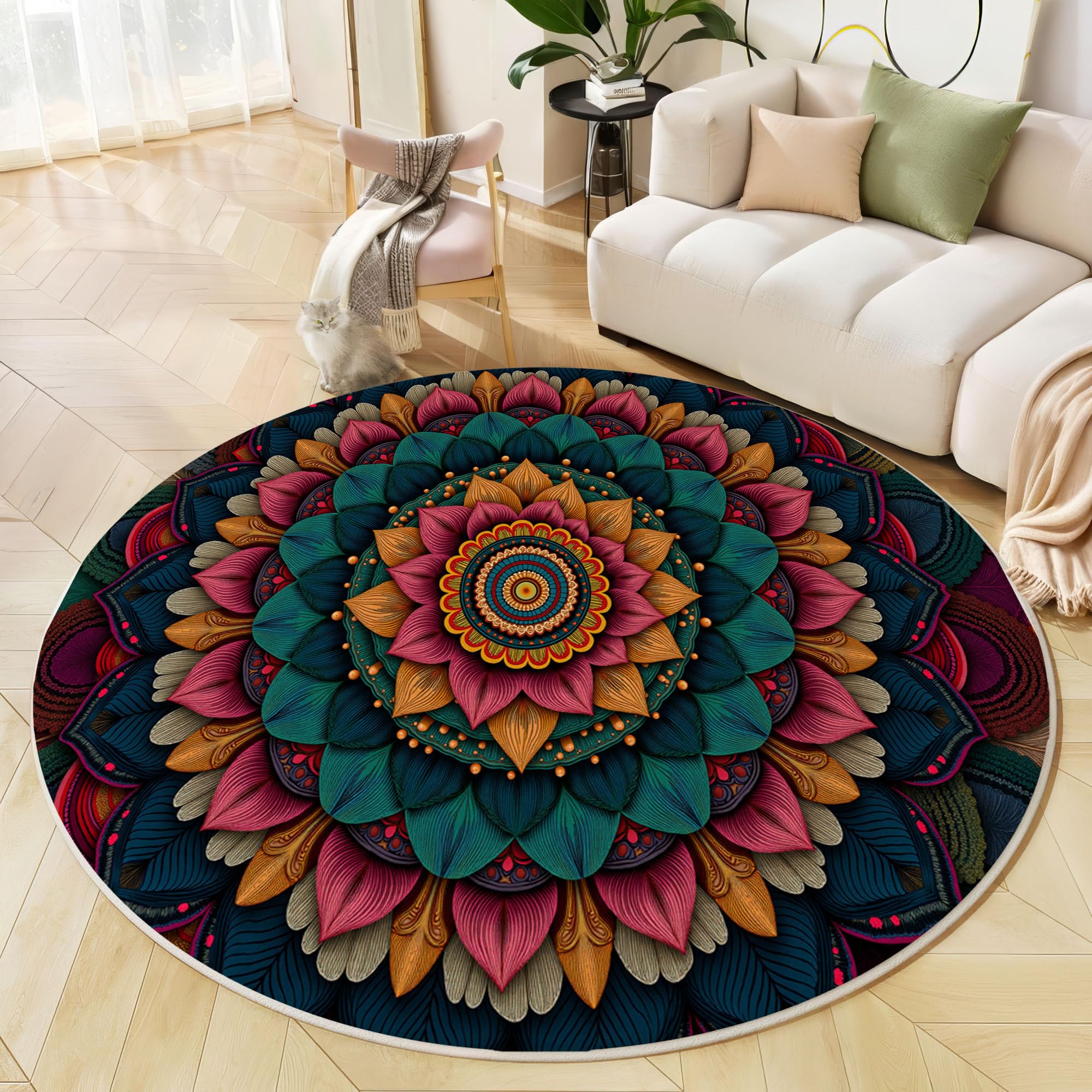 Rond Tapis pour Enfants Chambre, Mysticisme Ethnique Mandala Décoration, Lavable Antidérapant, Salon Doux Pelucheux intérieur Sol Décoration Maison Tapis (Vert foncé, 100cm)