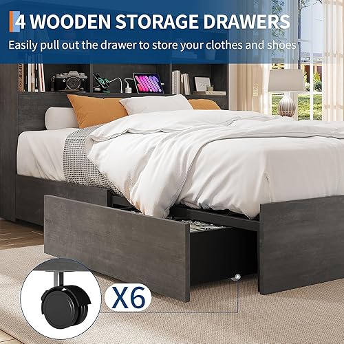 Miniatura 4 de GarveeHome Base de cama de tamaño matrimonial con cabecera de estantería de alto almacenamiento, marco de cama de madera con 4 cajones de