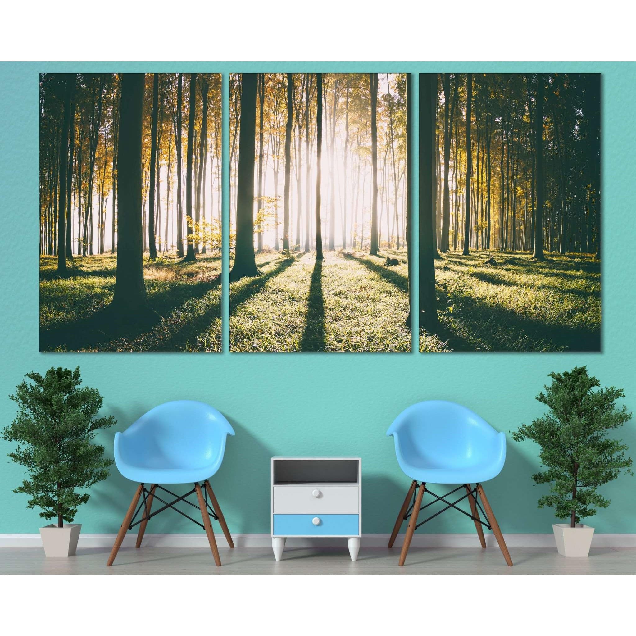 Lienzo de bosque otoñal ZELLART de 3 paneles listo para colgar y decorar salón grande 3