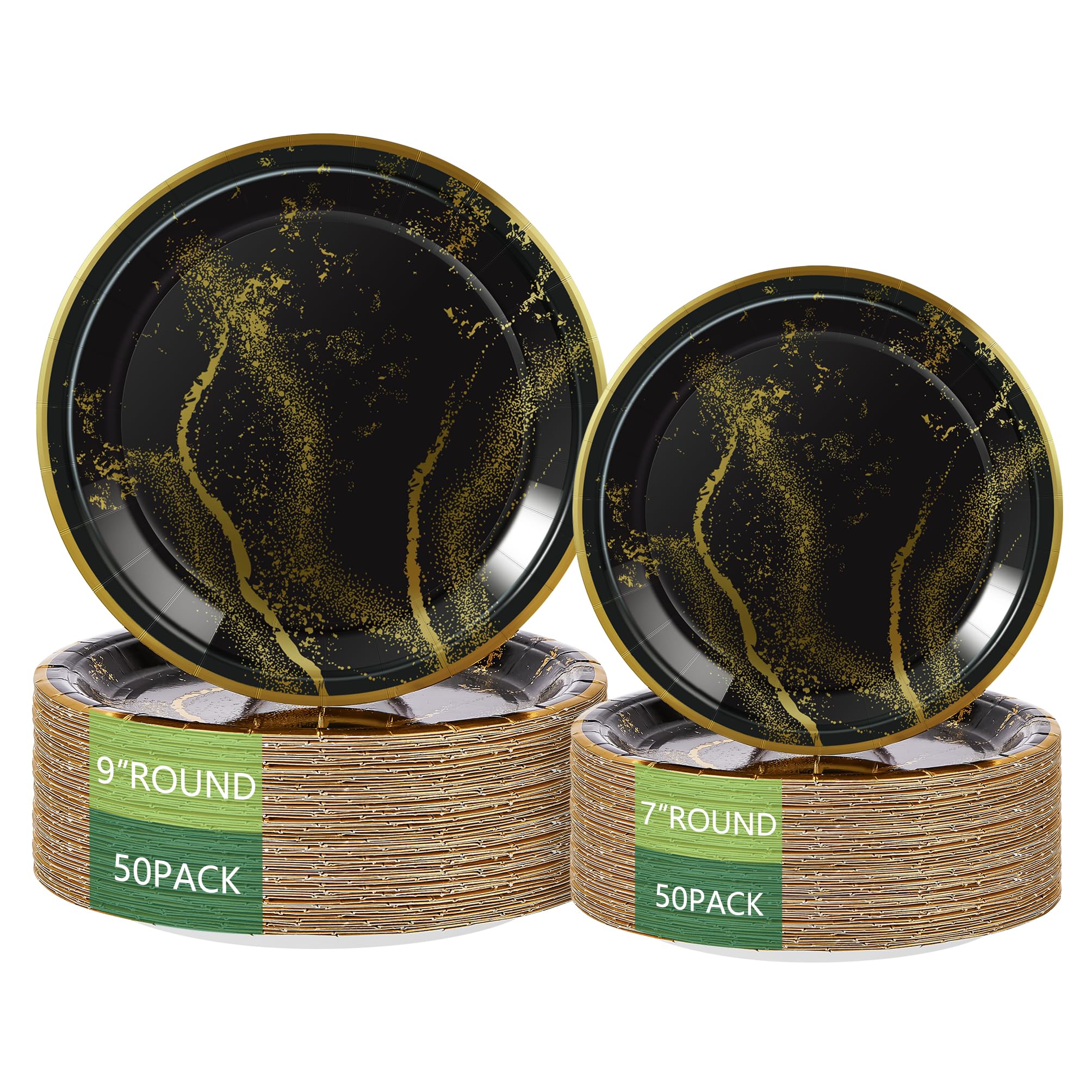 Birthdayparties Round Disposable Paper Plates 100 Pack，50 x 9 and 50 x 7 Dinner Plates, Disposable Paper Plates Party Supplies Plates for All Occasions（Black）