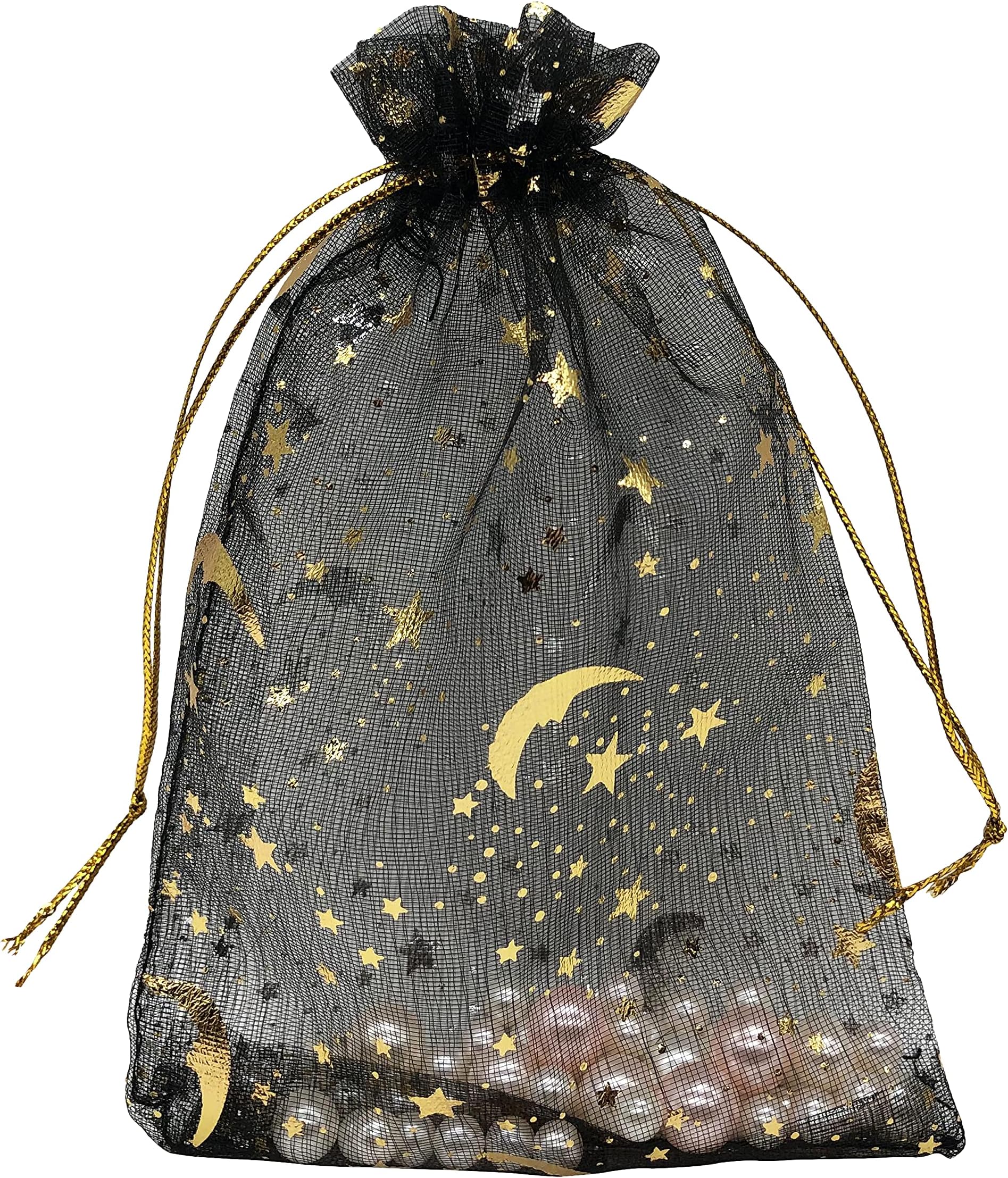 Jexila 100PCS Black Organza Bags 4X6 with Drawstring Jewelry Bags Small Moon Star Mesh Bags for Wedding Party Favor Candy Bags