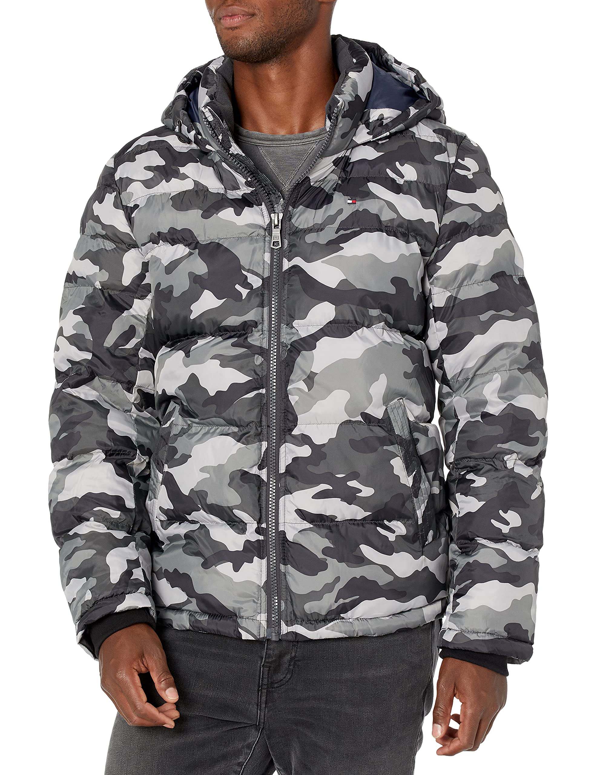 Tommy Hilfiger Men's Down Alternative Hooded Puffer Jacket (Standard and Big & Tall) Coat, Grey Camouflage, XL