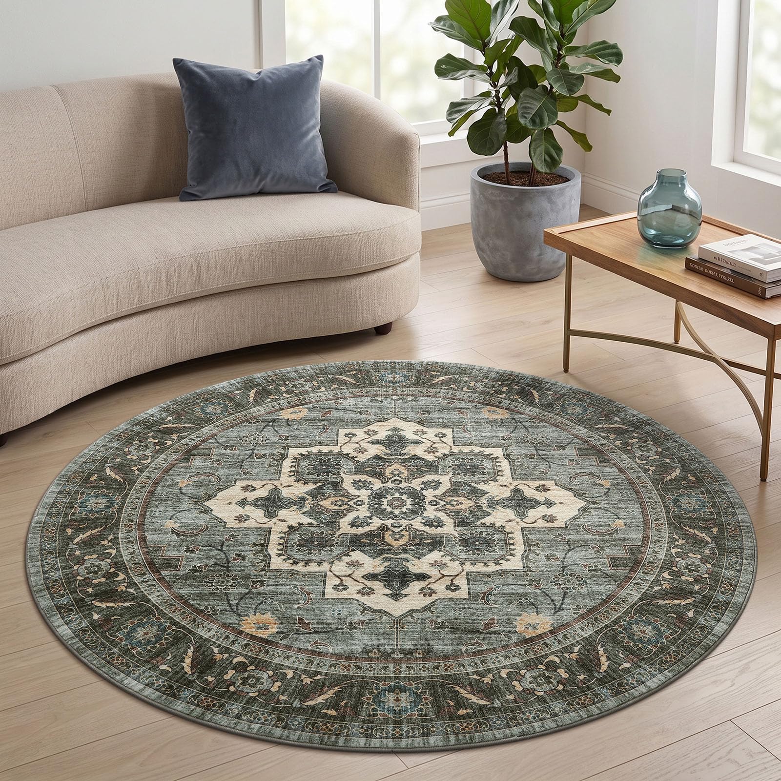 Homaxy Vintage Rugs Living Room Washable Anti Slip Small Rug Low Pile Boho Lounge Carpet for Bedroom, Nursery, Kitchen - 120 cm Round, Retro Green