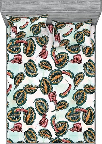 Miniatura 23 de Ambesonne Juego de sábanas bajeras tropicales y fundas de almohada, diseño abstracto de hojas de plátano de Monstera inspirado en olas retro