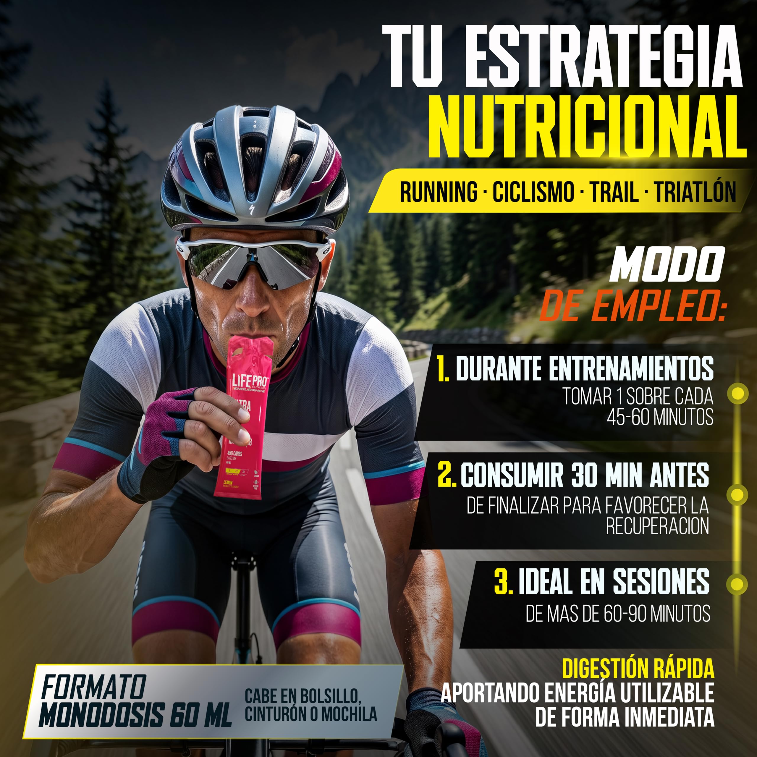 Life Pro Endurance Ultra Gel 1:08 12X60Ml - Gel Energético Sin Cafeína Para Deportistas Resistencia, Running, Ciclismo Y Triatlón Con Carbohidratos De Absorción Rápida Y Electrolitos - Sabor Limón