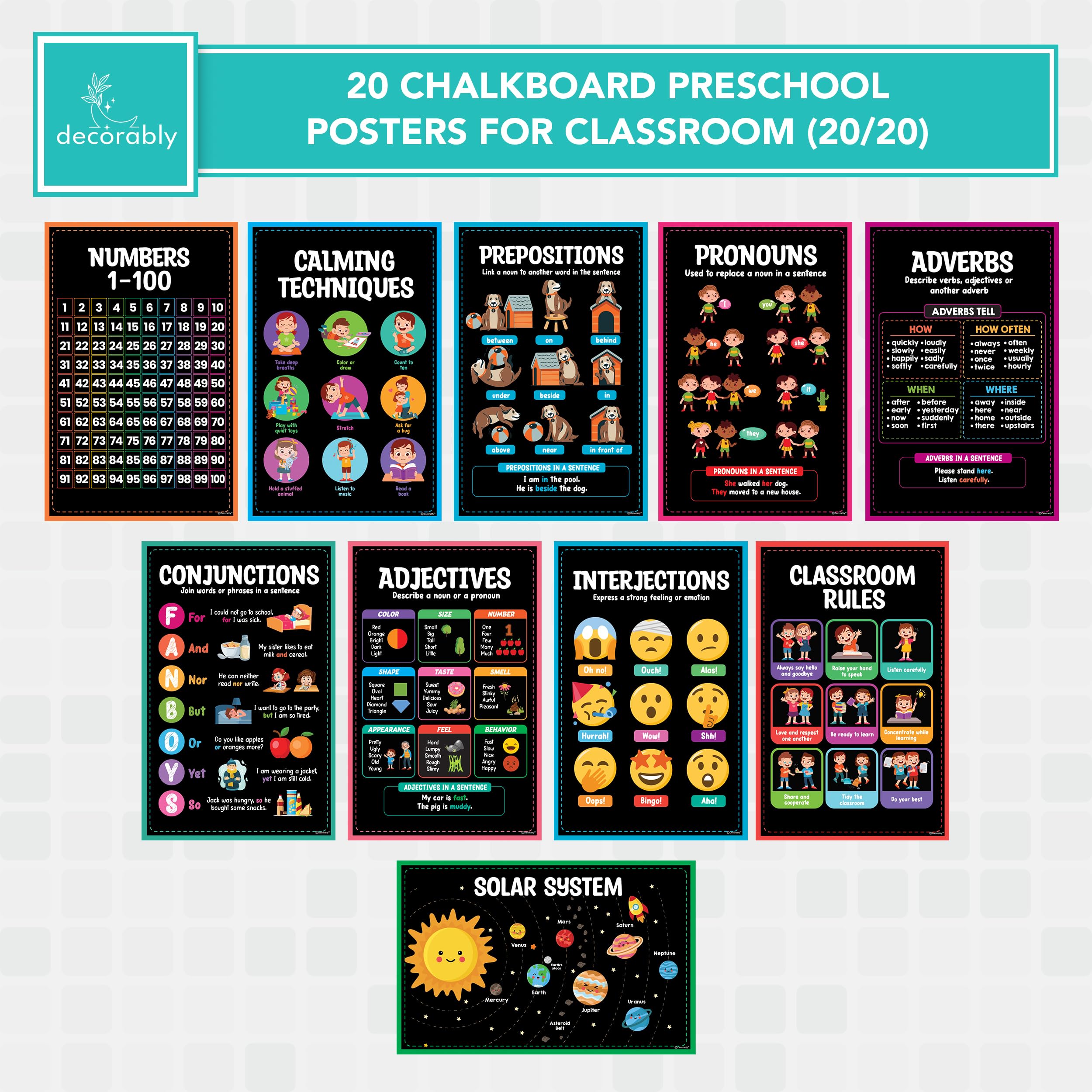 Decorably 20 Chalkboard Preschool Posters For Classroom 11x17in Matte ...
