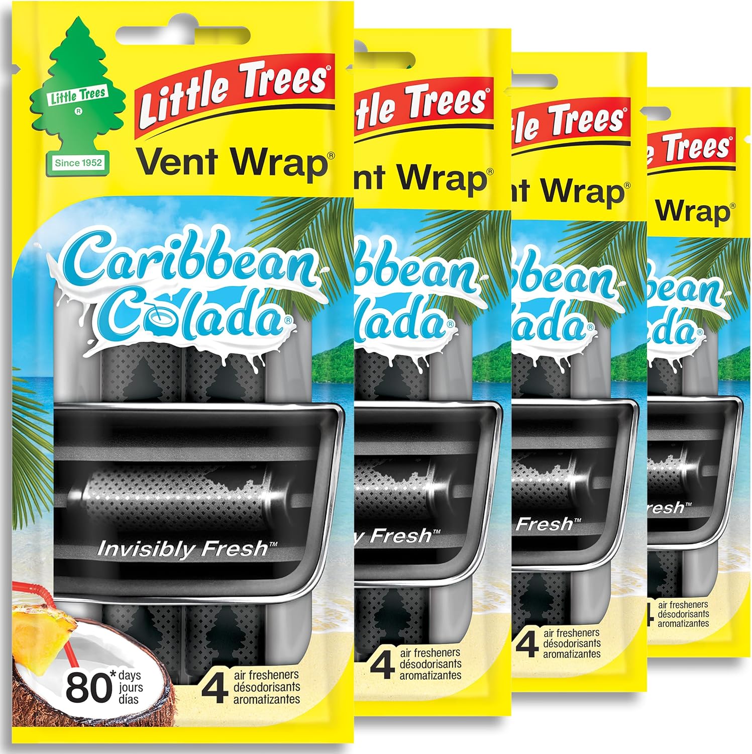 LITTLE TREES Car Air Freshener. Vent Wrap Provides Long-Lasting Scent, Slip on Vent Blade. Caribbean Colada, 16 Air Fresheners