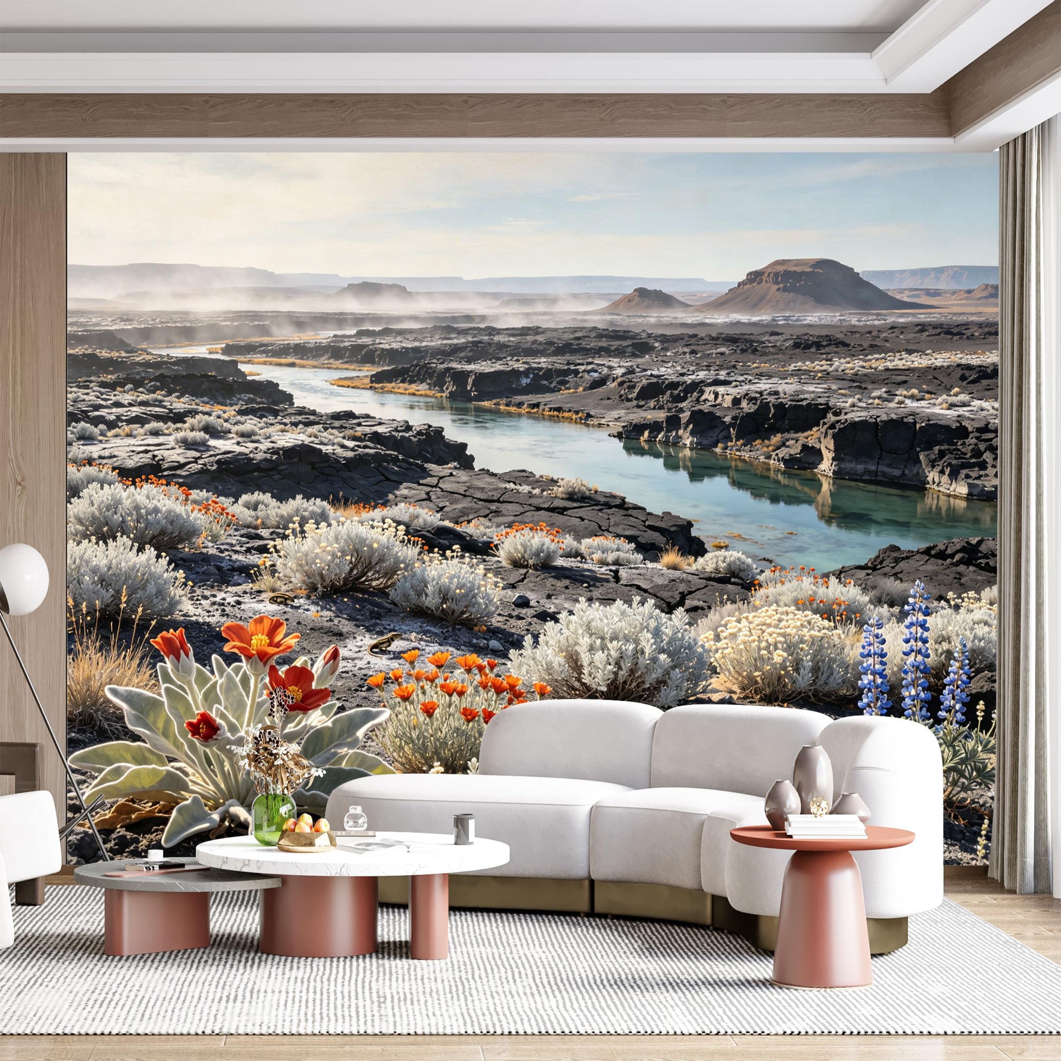 Custom Size Wall Mural Desert Landscape River Canyon Botanical Wildflowers Sky Panoramic SelfAdhesive Wall Fabric Removable for Home Office Decor