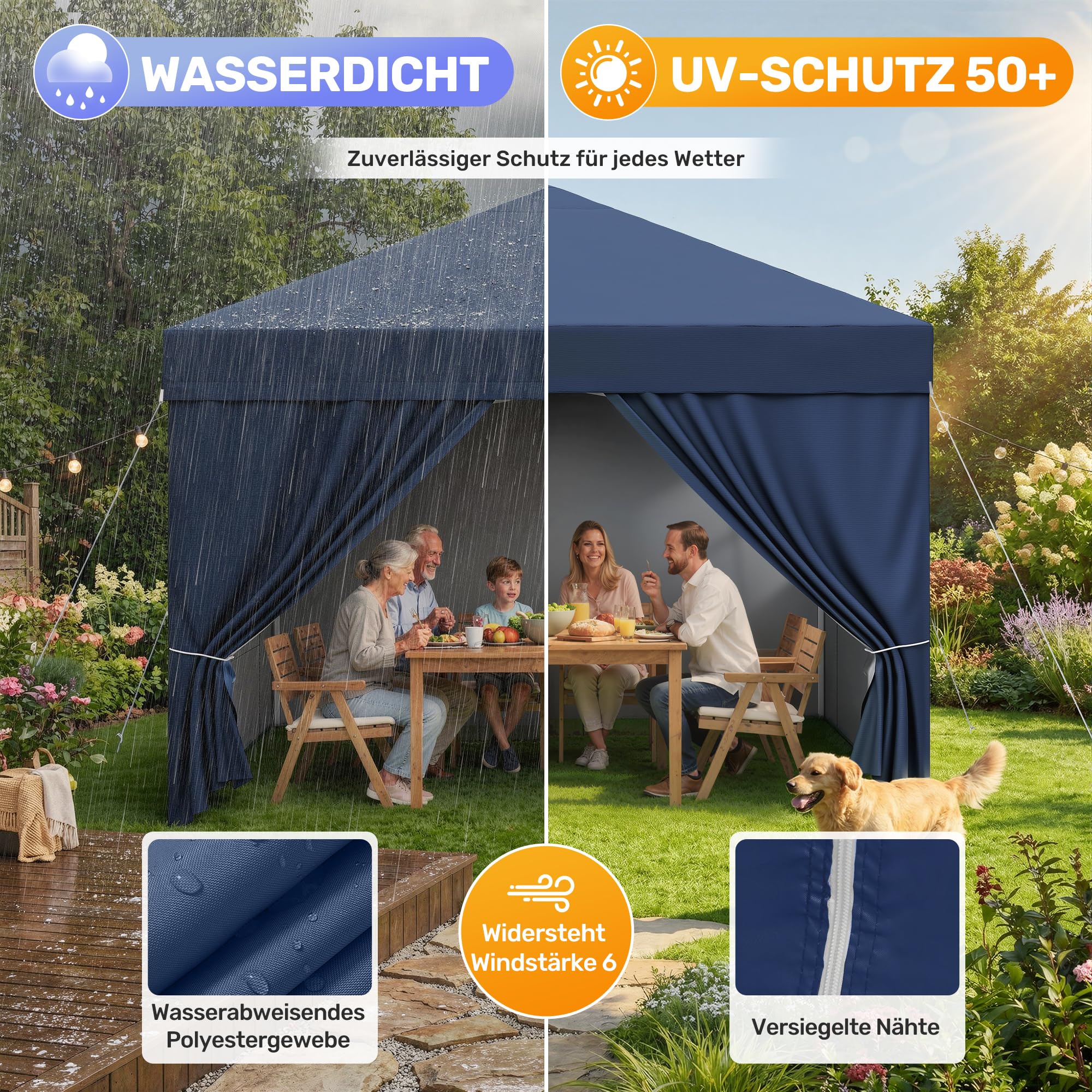 Hawthyhome Pavillon 3x3 Wasserdicht Stabil Winterfest, Faltpavillon 3x3 mit 4 Seitenteilen, Pop Up Pavillon UV Schutz 50+, Höhenverstellbar Partyzelt Gartenpavillon Für Outdoor, Blau Mit Seitenwänden