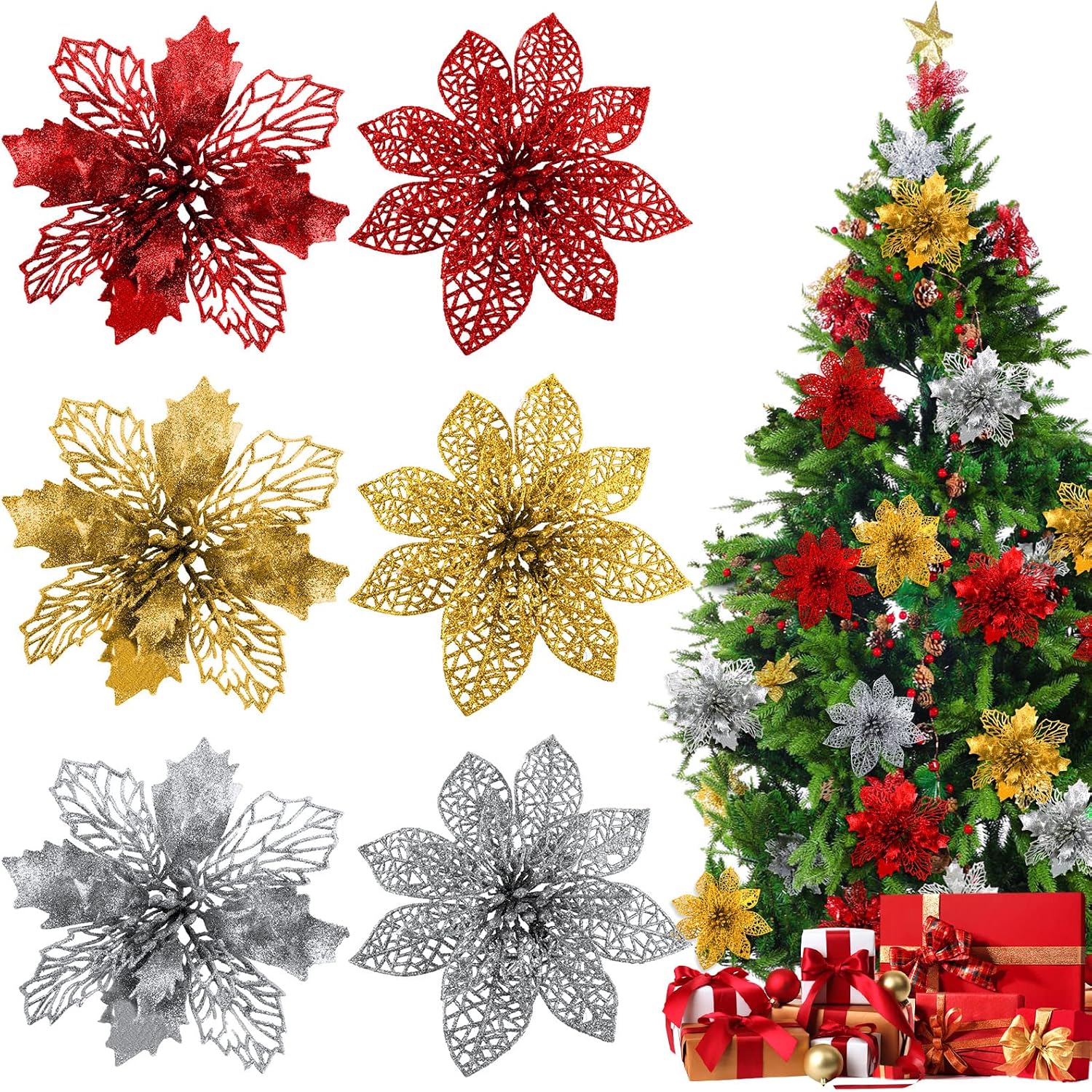 Waydress 30 Pieces Glitter Poinsettia Flowers Christmas