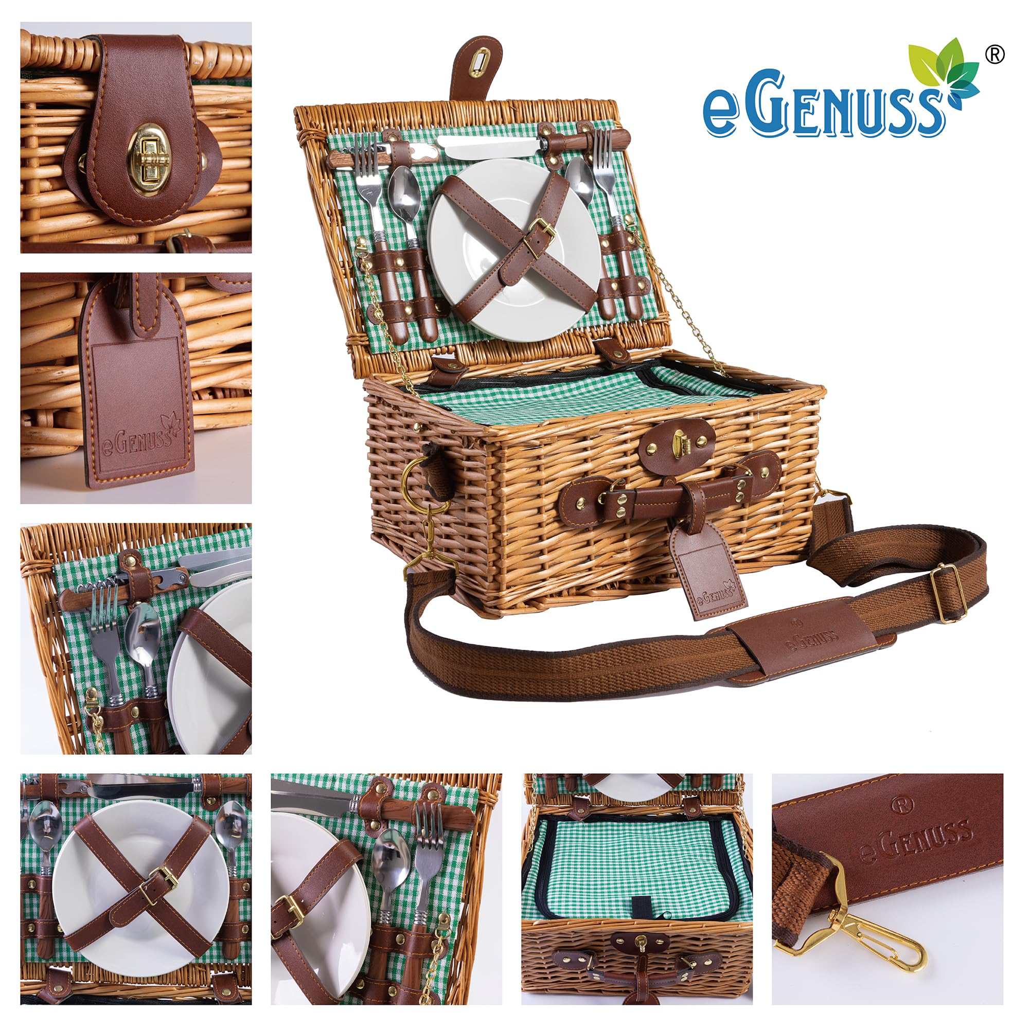 1 Panier de Pique-Nique en Osier pour 2 Personnes - Bandoulière Amovible, Compartiment Isotherme et Accessoires Inclus - Motif Vichy Vert