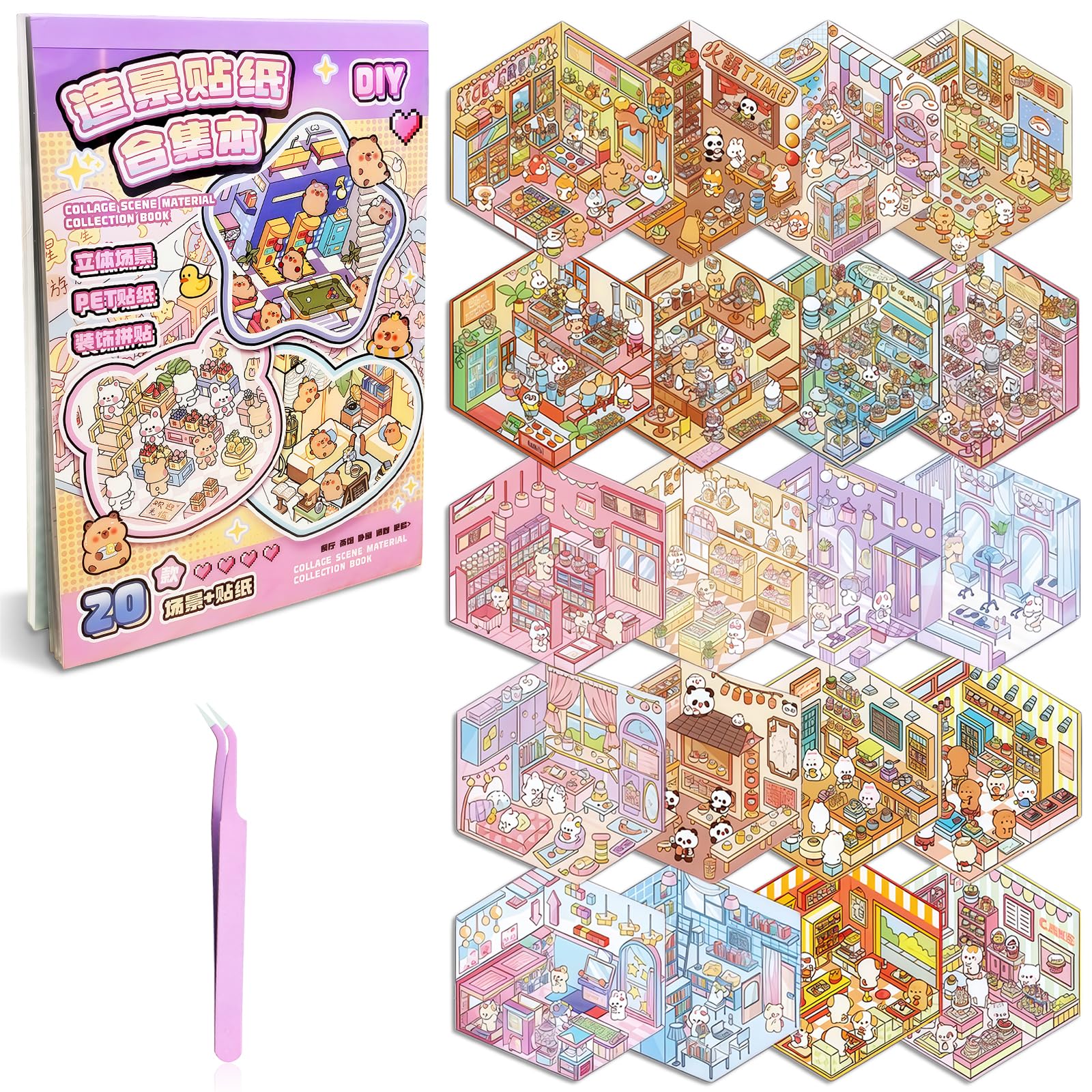 HAGOT 20 Sets DIY 3D Sticker Scene Book for Adults, House Stickers