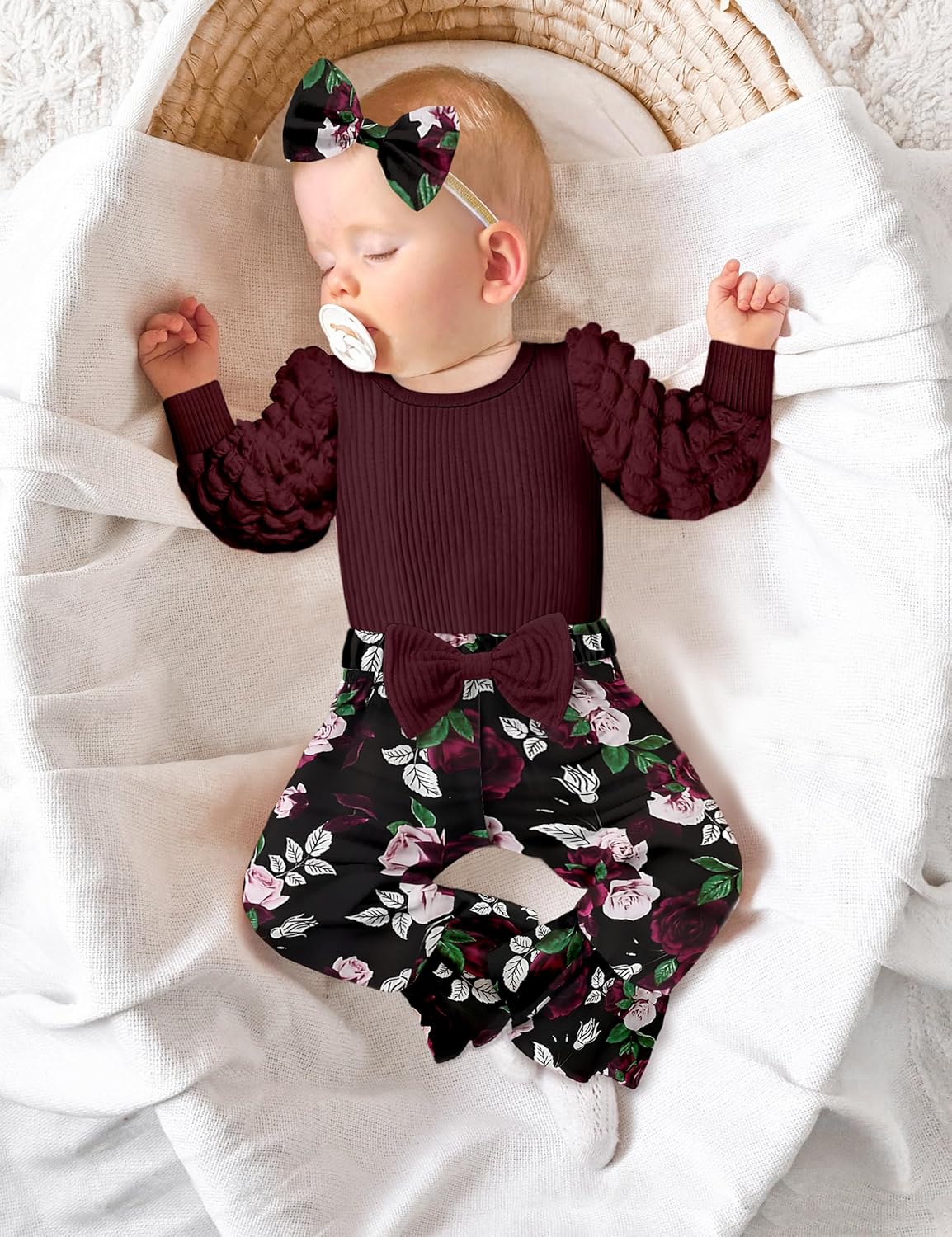 NAPU Baby Girl Clothes Long Sleeve Romper 3Pcs Baby Girl Outfits Flare Pants Set with Headband Fall Baby Girl Winter Clothes - Image 3