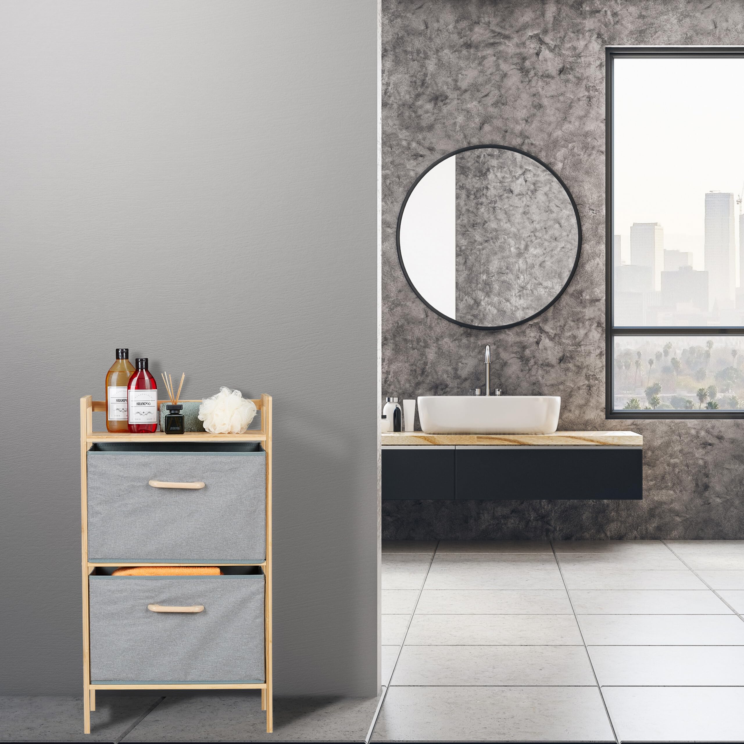 Relaxdays Scaffale Portabiancheria, Mobiletto da Bagno in bambù con 2 Sacchi Rimovibili, 76 x 43 x 27 cm, Marrone Grigio