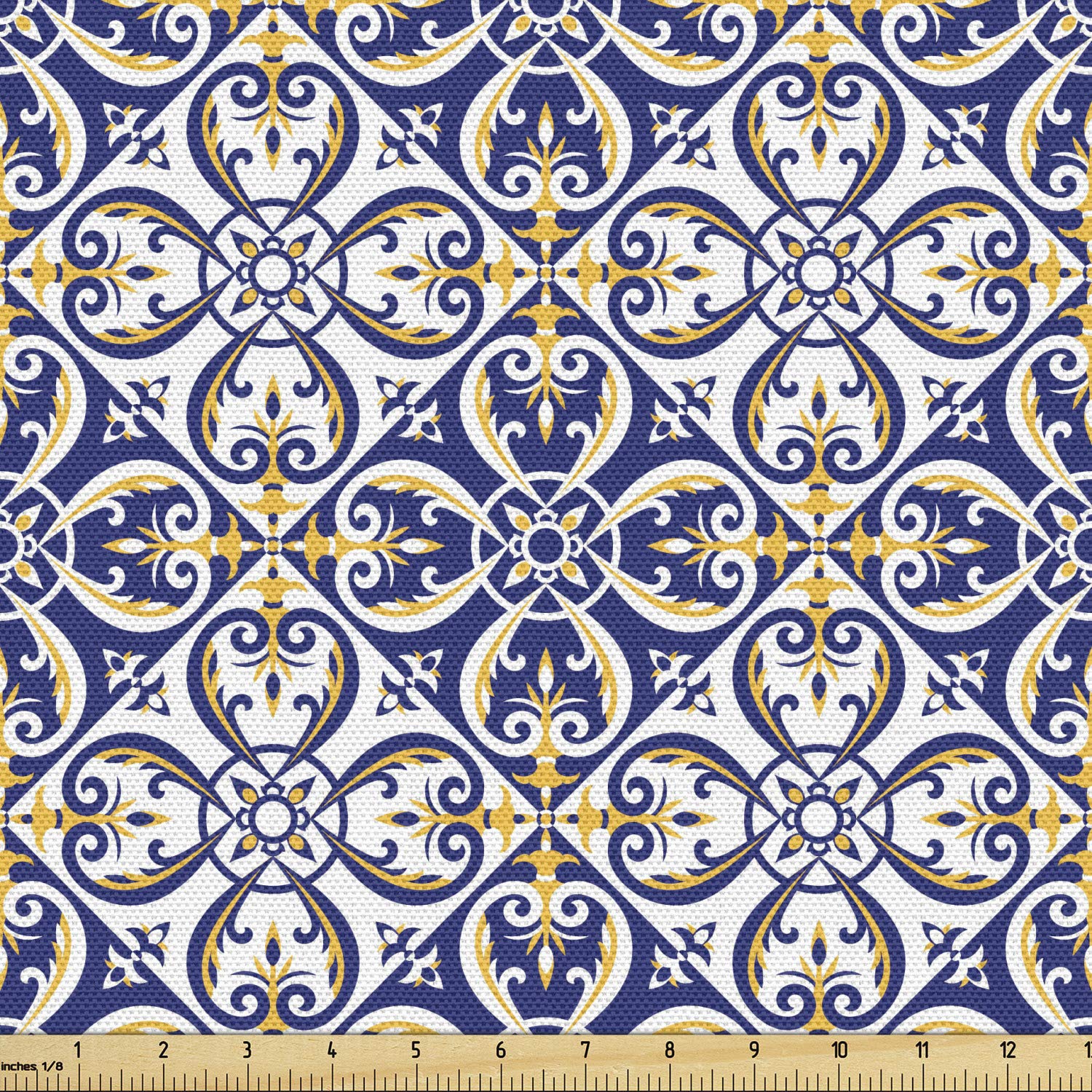 Lunarable Talavera Fabric by The Yard, Curlicue and Floral Ornamental Portuguese Tiles Print, Decorative Fabric for Upholstery and Home Accents, 2 Yards, Blue Orange