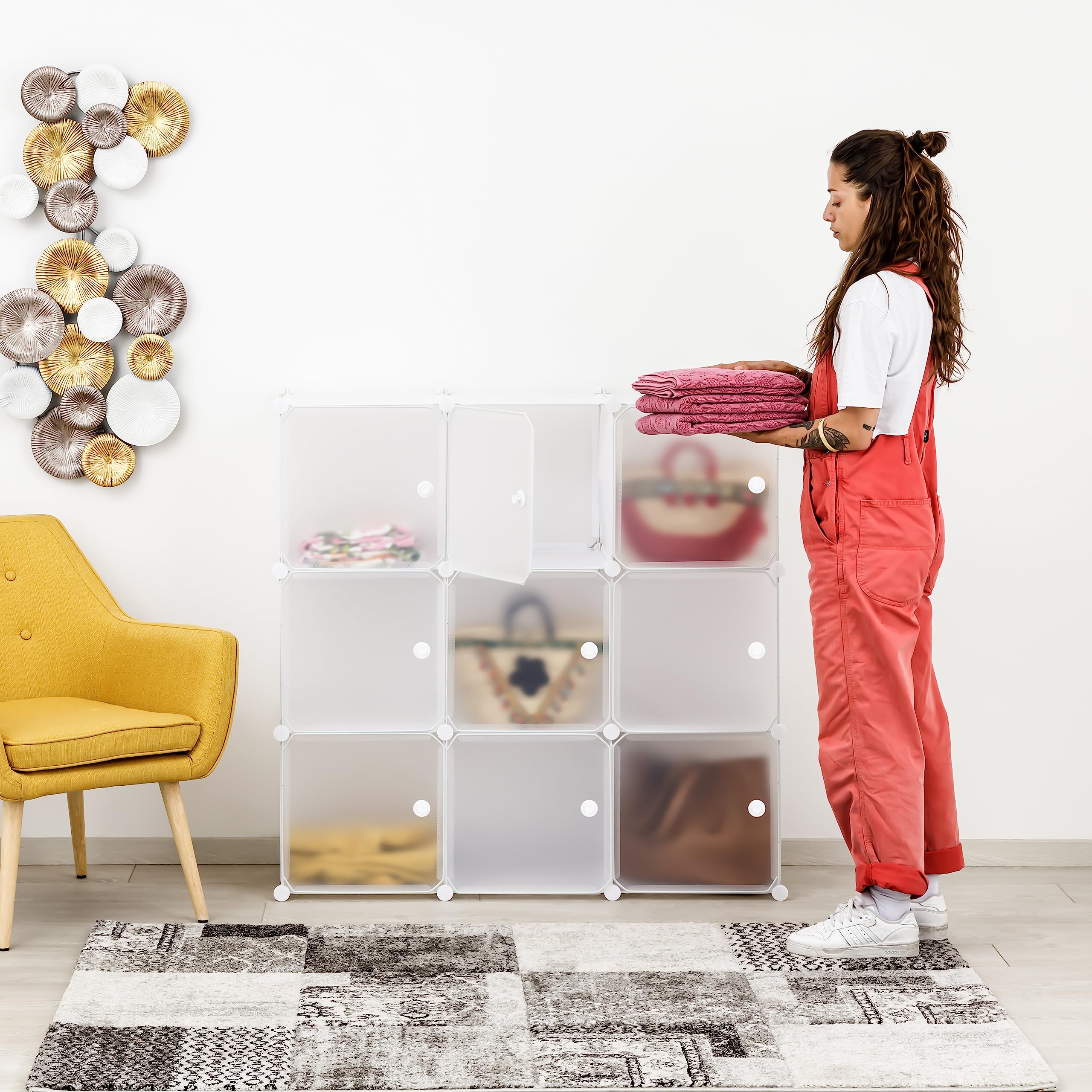 Baroni Home Mueble Modular de Almacenamiento de Espacio, Organizador con Compartimentos Apilables de Plástico para Dormitorio, Cabina Armario, Entrada, Blanco, 9 Compartimentos
