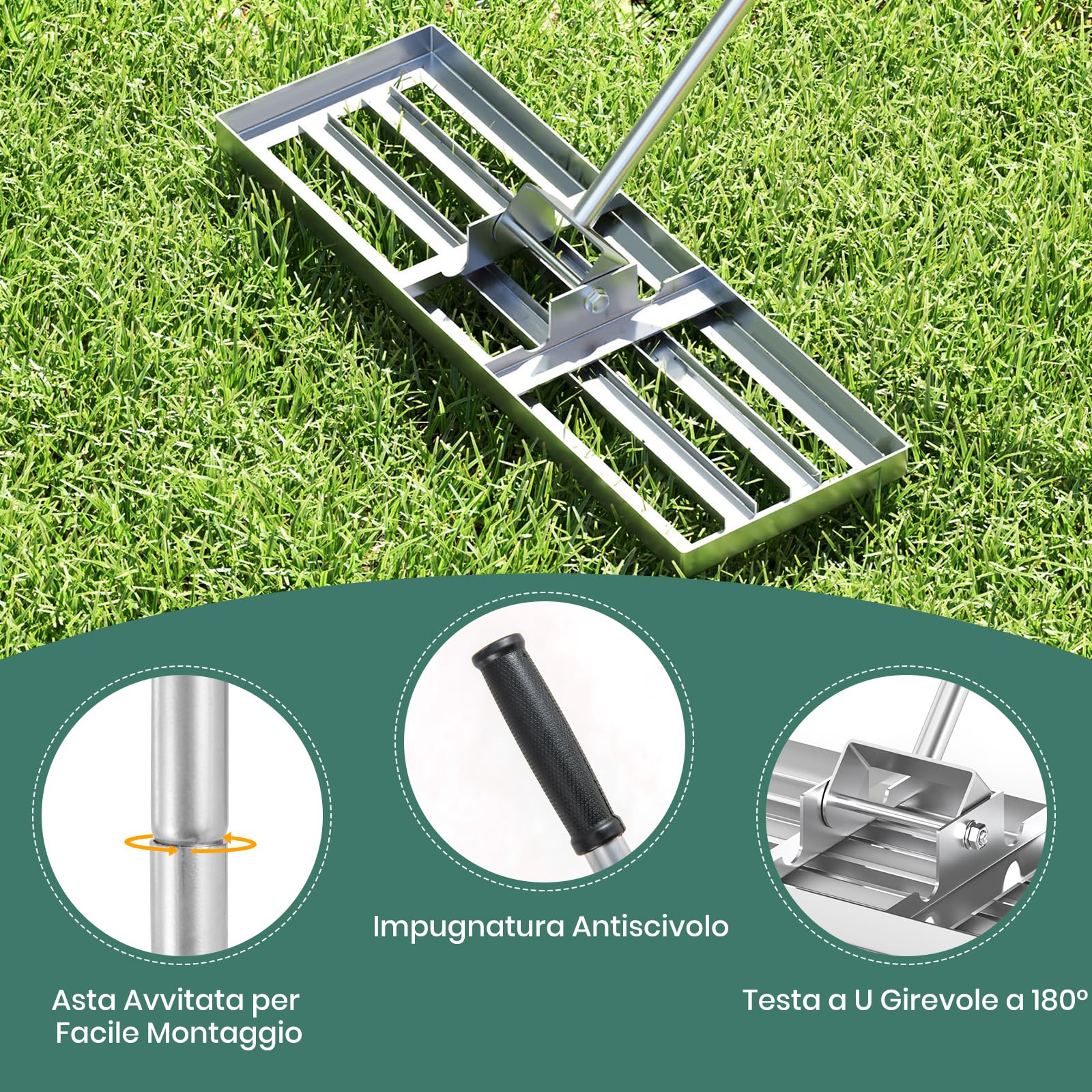 RELAX4LIFE Rastrillo Nivelador de Césped con Mangos Ergonómicos, Empuñaduras Antideslizantes y Cabezales Giratorios 180º para Nivelar y Compostar, Cepillo de Césped para Jardín (75x25cm, Plateado)