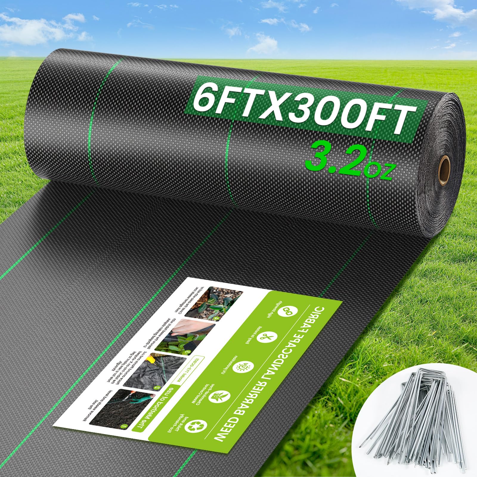 6FT x 300FT Weed Barrier Fabric, 3.2oz Landscape Fabric, Premium Weed Barrier Fabric Heavy Duty with 20 U-Shaped Securing Pegs for Greenhouse Floors, Flower Bed, French Drain, Construction Project