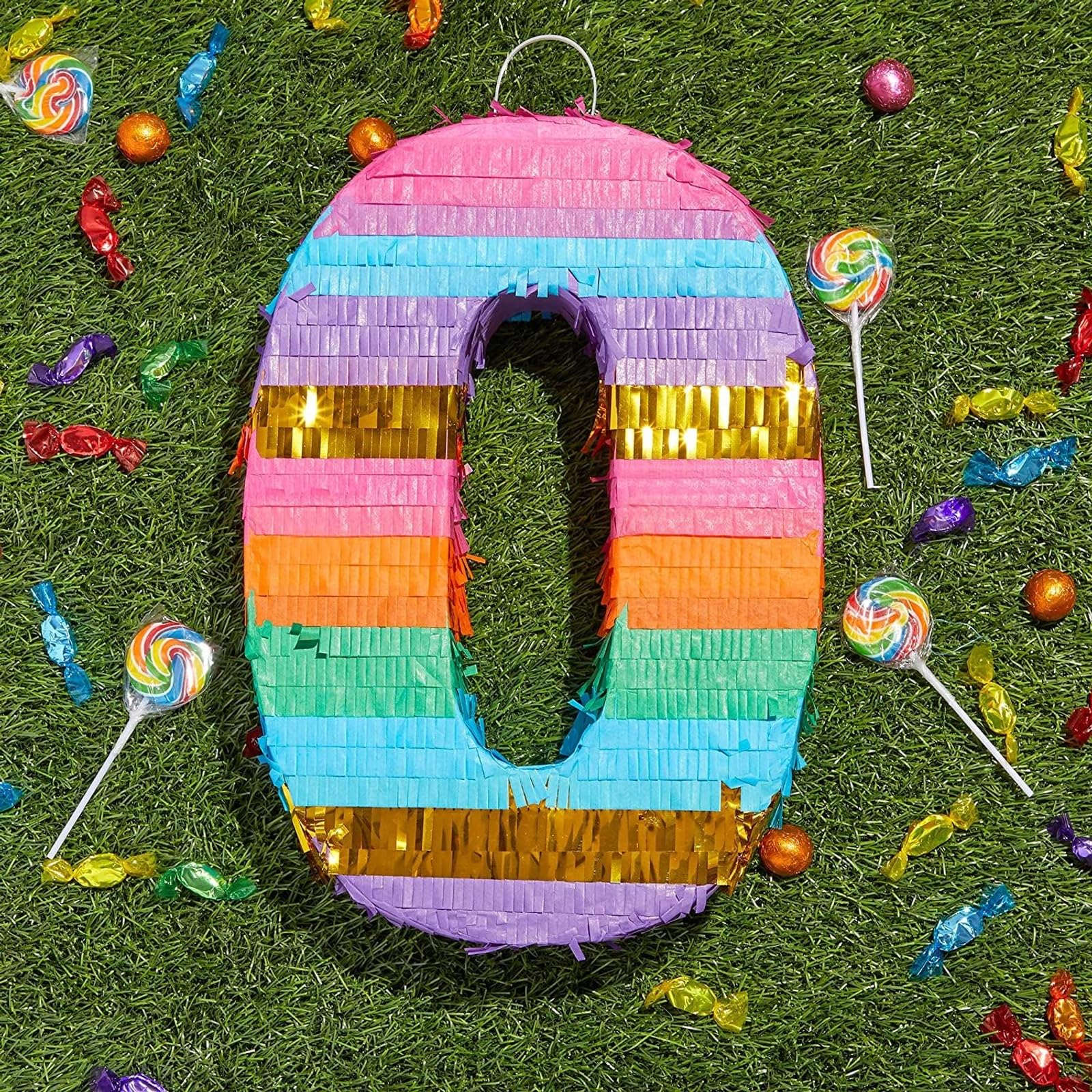 Pignatta stile arcobaleno per festa di compleanno del bambino, numero 0 (11,4 x 16,5 x 7,6 cm)