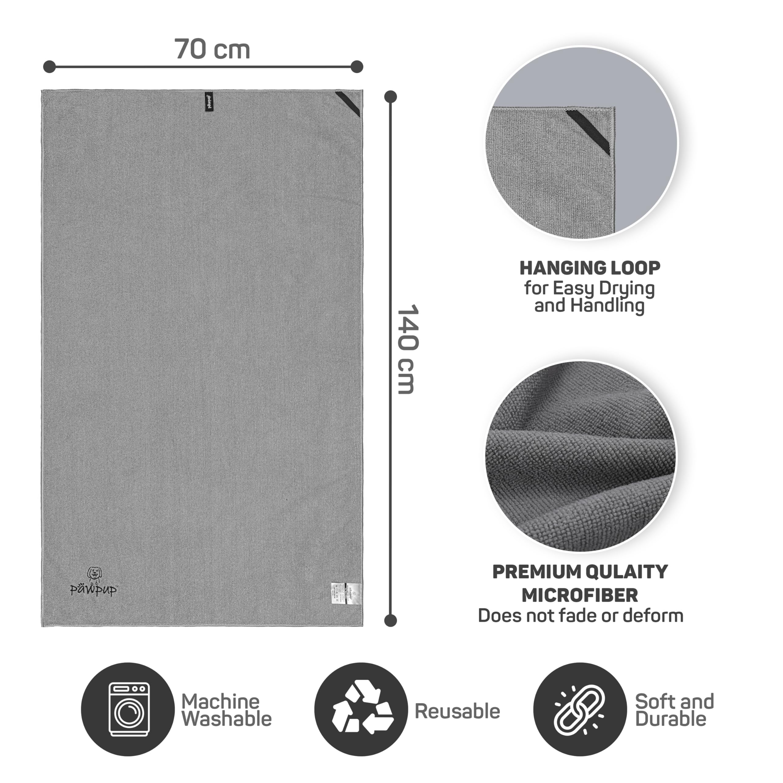 PAWPUP Dog Towel Super Absorbent 140x70cm Microfibre Pet Towel for Dogs Cats and other Pets (Grey), 140 x 70 cm - Image 3