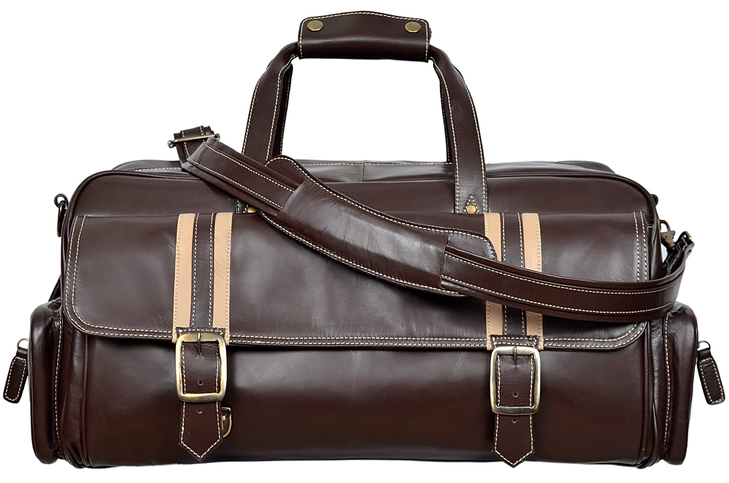 Holdall Weekend 9225 - Bolsa de viaje de piel auténtica, diseño de rayas, color marrón y beige, Brown, 23 x 11 x 12 inches