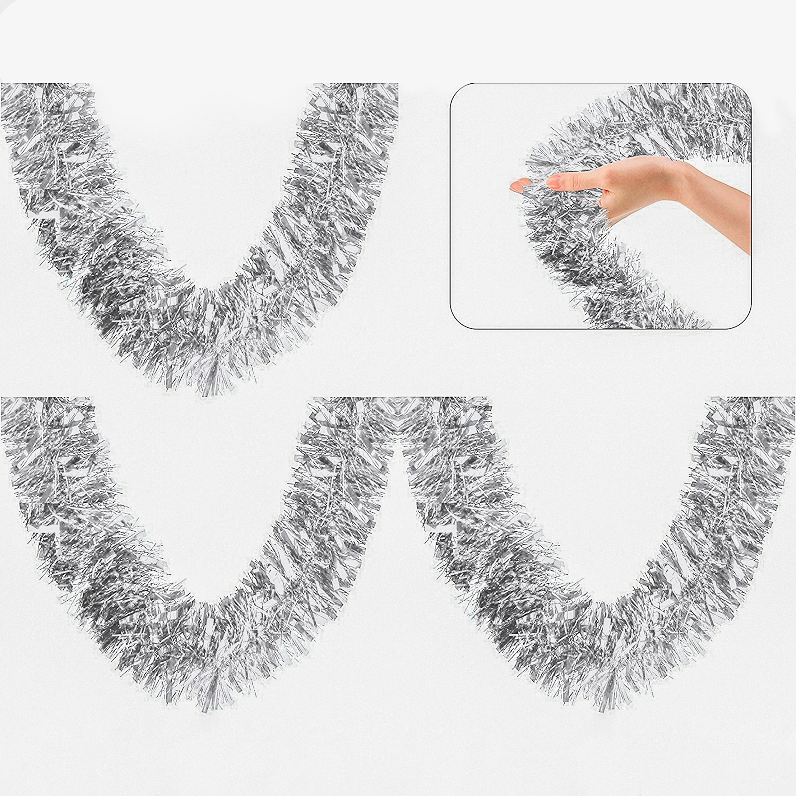 3x Silver Fine Cut Chunky Tinsel, Total 6M, Thick and Thin Shiny Tinsel Garlands